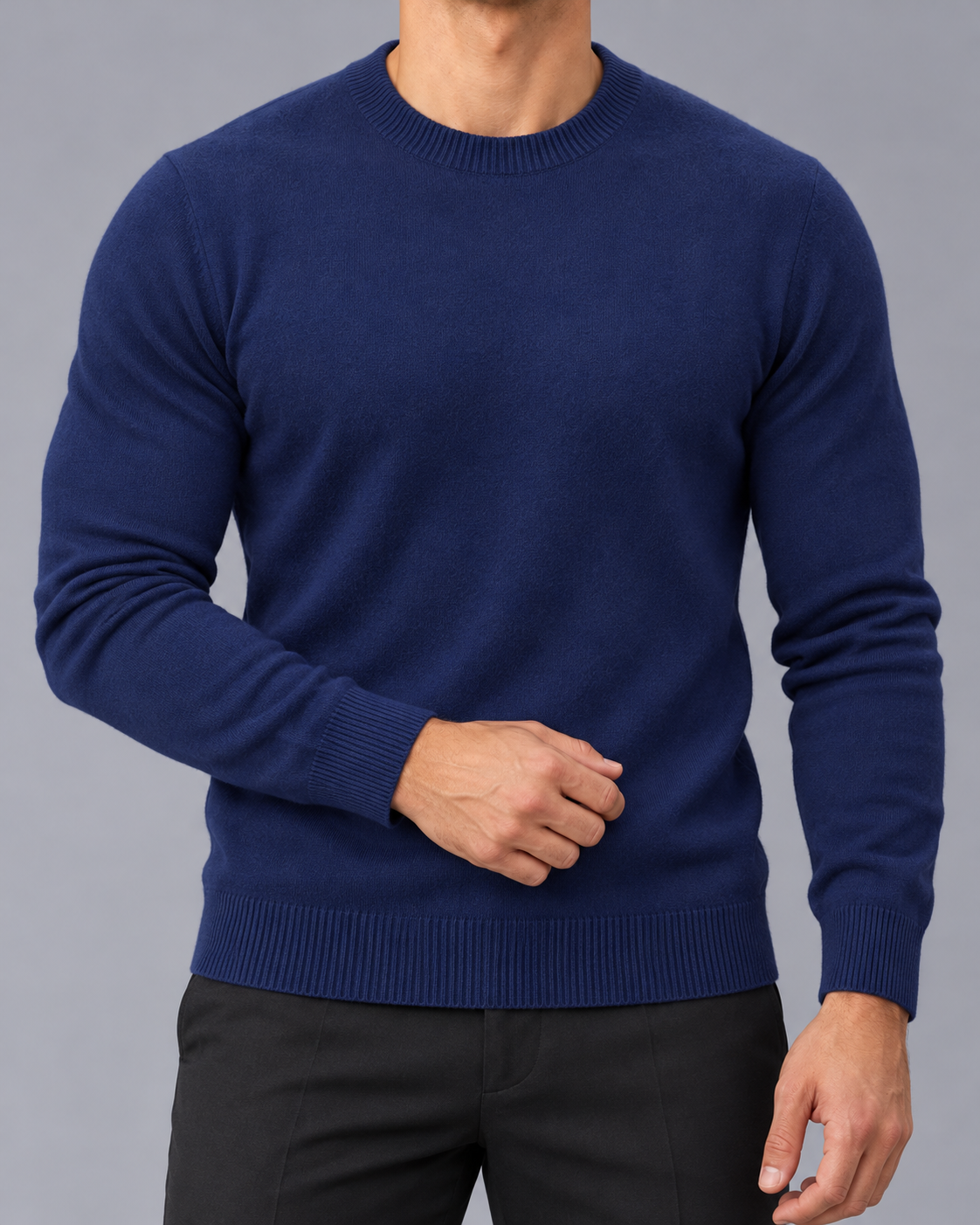 Men's Crew Neck Jumper with Ribbed Cuffs and Hem