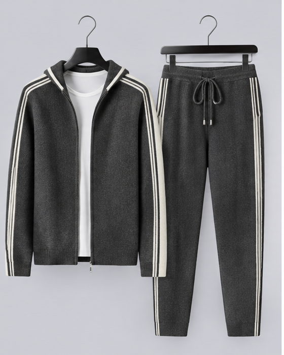Men's 100% Cashmere Knitted Tracksuit with Contrast Stripes and Drawstring Joggers