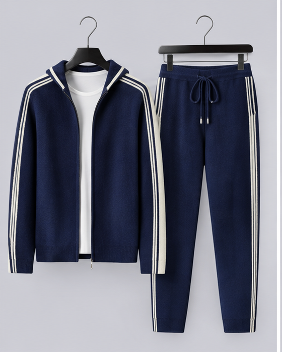 Men's 100% Cashmere Knitted Tracksuit with Contrast Stripes and Drawstring Joggers