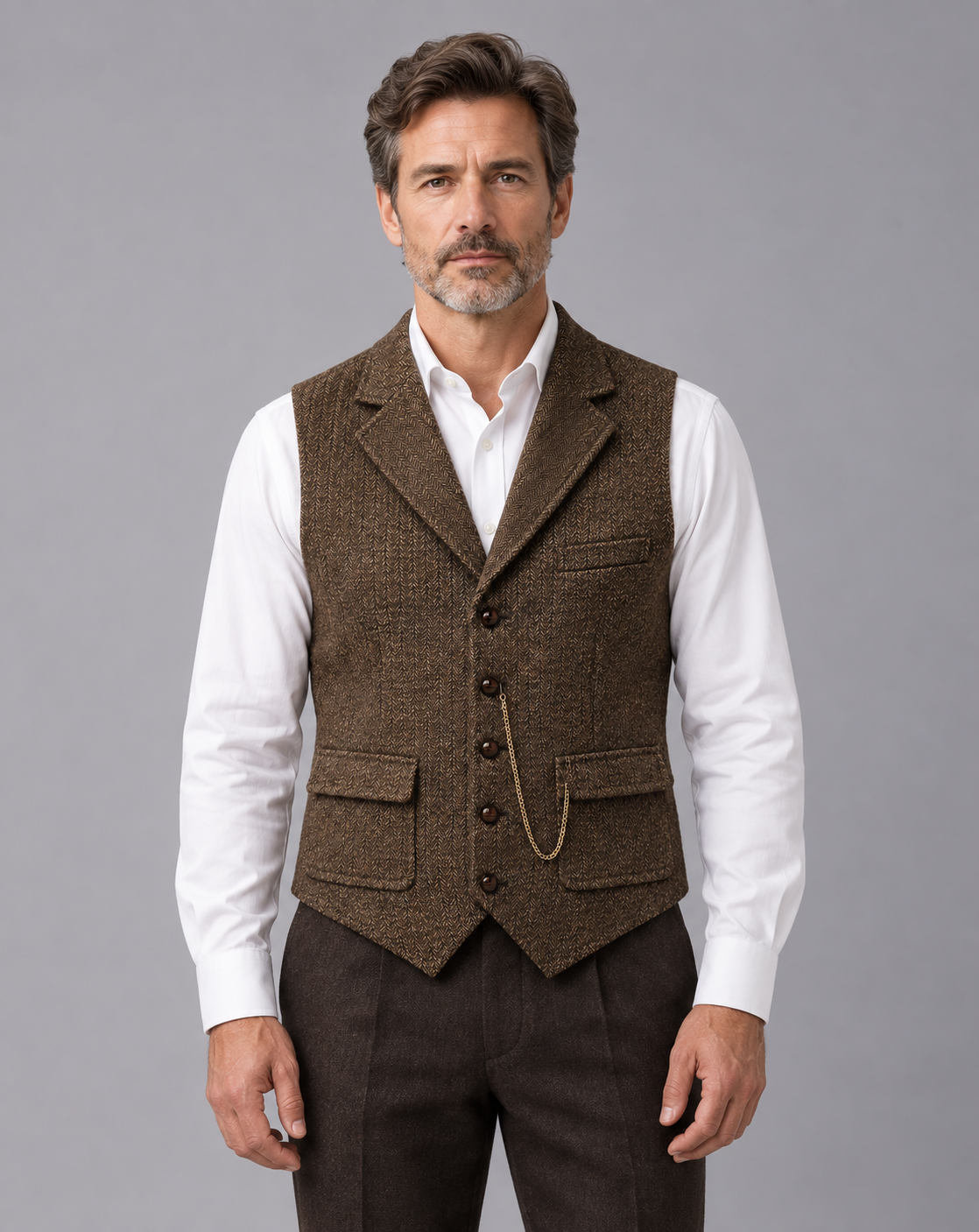 Men's Herringbone Waistcoat – Lapel Vest with Five-Button Front, Flap Pockets and Pocket Chain