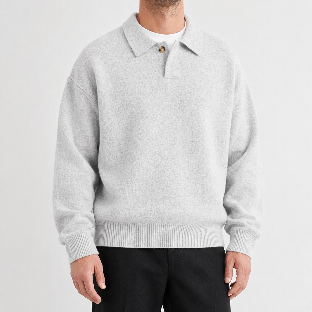 Men's Knitted Polo Jumper – Long Sleeve with Button Collar, Relaxed Fit
