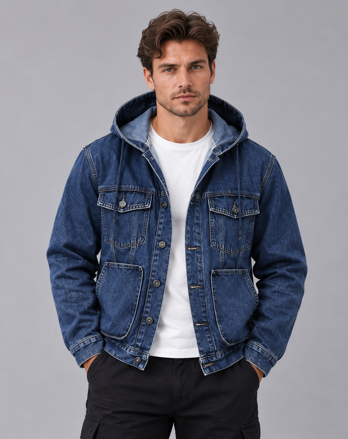 Men's Hooded Denim Jacket – Button Front, Drawstring Hood, Flap Chest Pockets