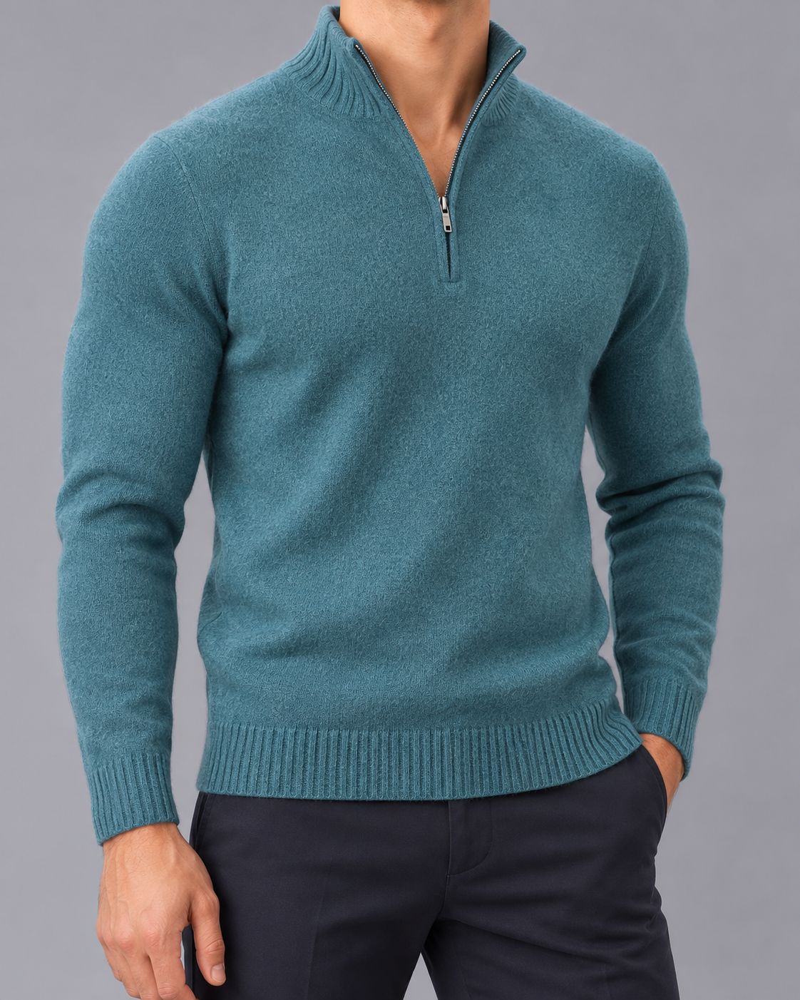 Men's Half Zip Jumper with Stand Collar and Ribbed Hem