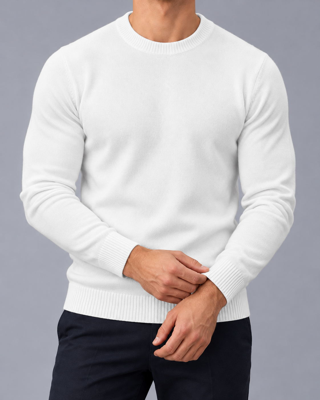Men's Crew Neck Jumper with Ribbed Cuffs and Hem
