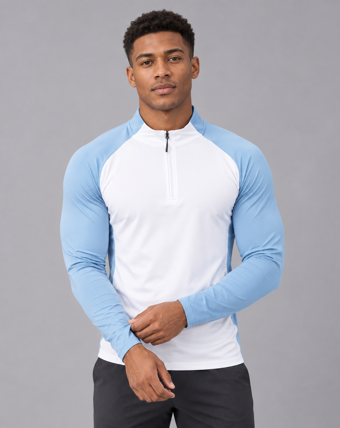 Men's Quarter Zip Top – Long Sleeve, Stand Collar, Contrast Raglan Sleeves, Athletic Fit