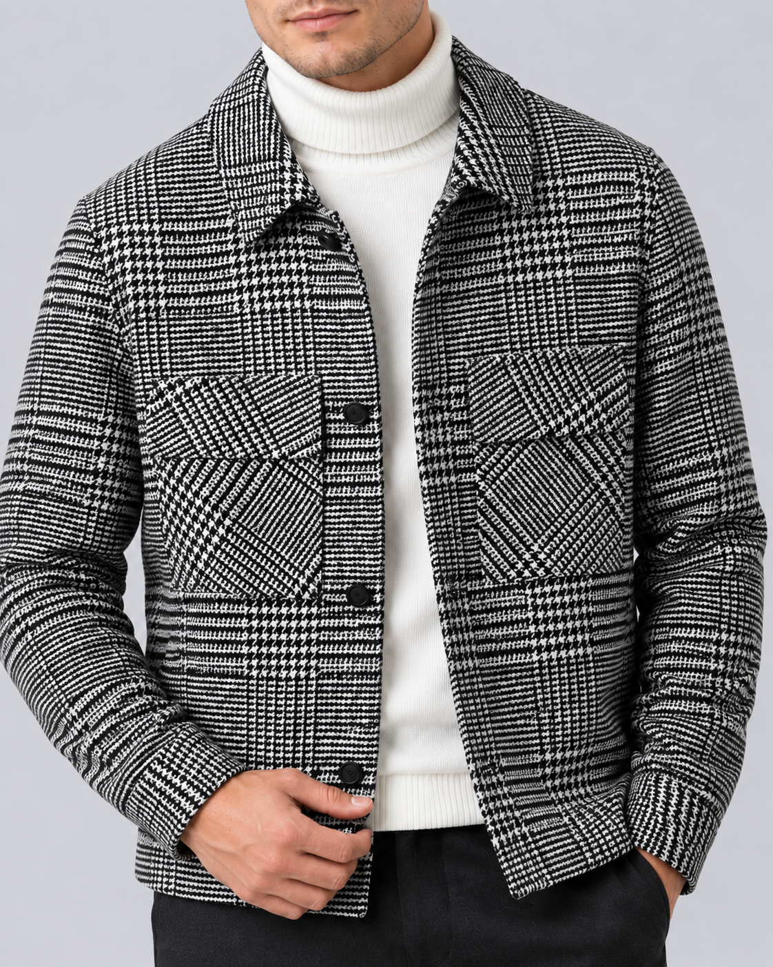 Men's Checked Overshirt Jacket – Wool-Blend Houndstooth Check with Chest Patch Pockets