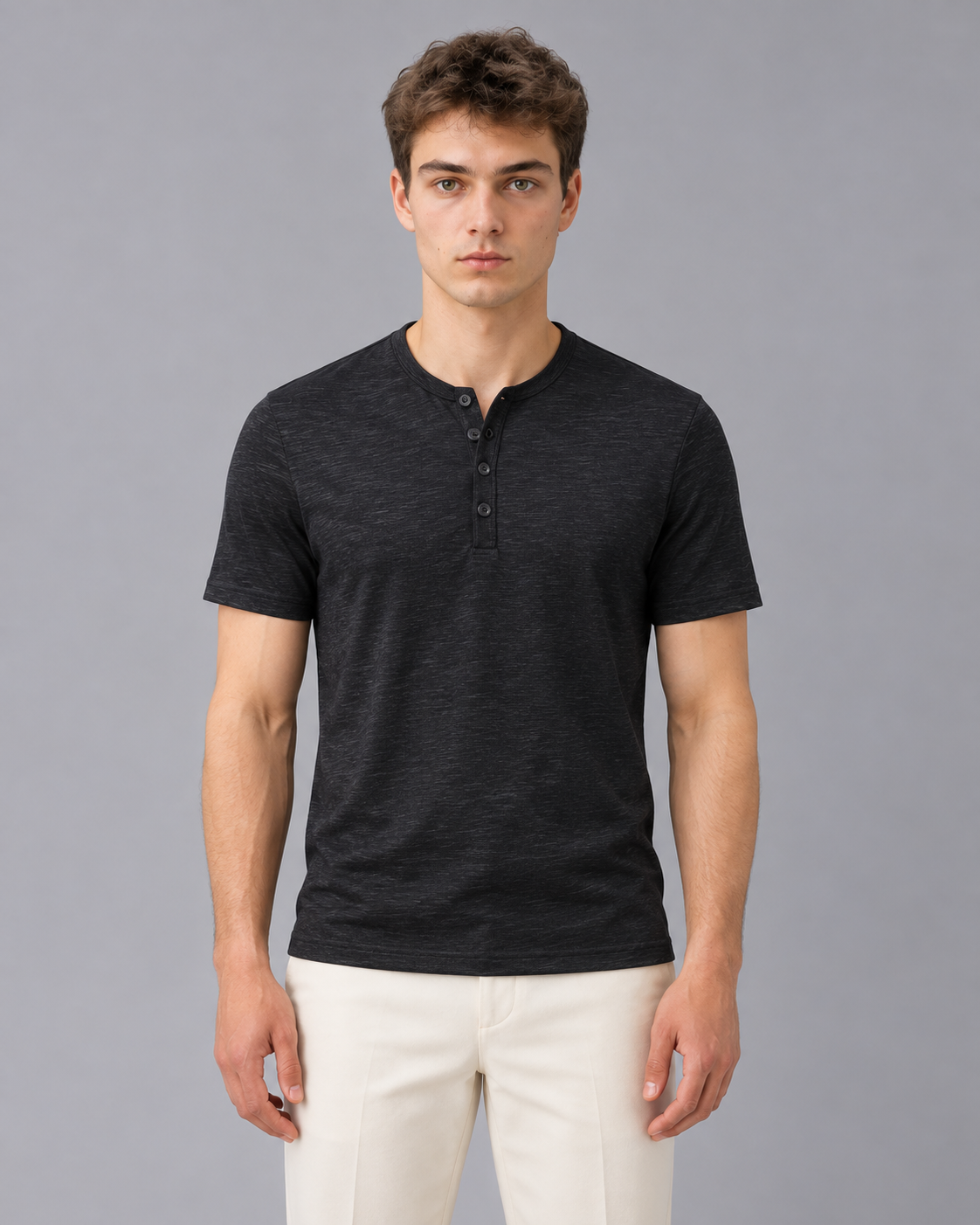 Men's Henley T-Shirt with Short Sleeves and Button Placket