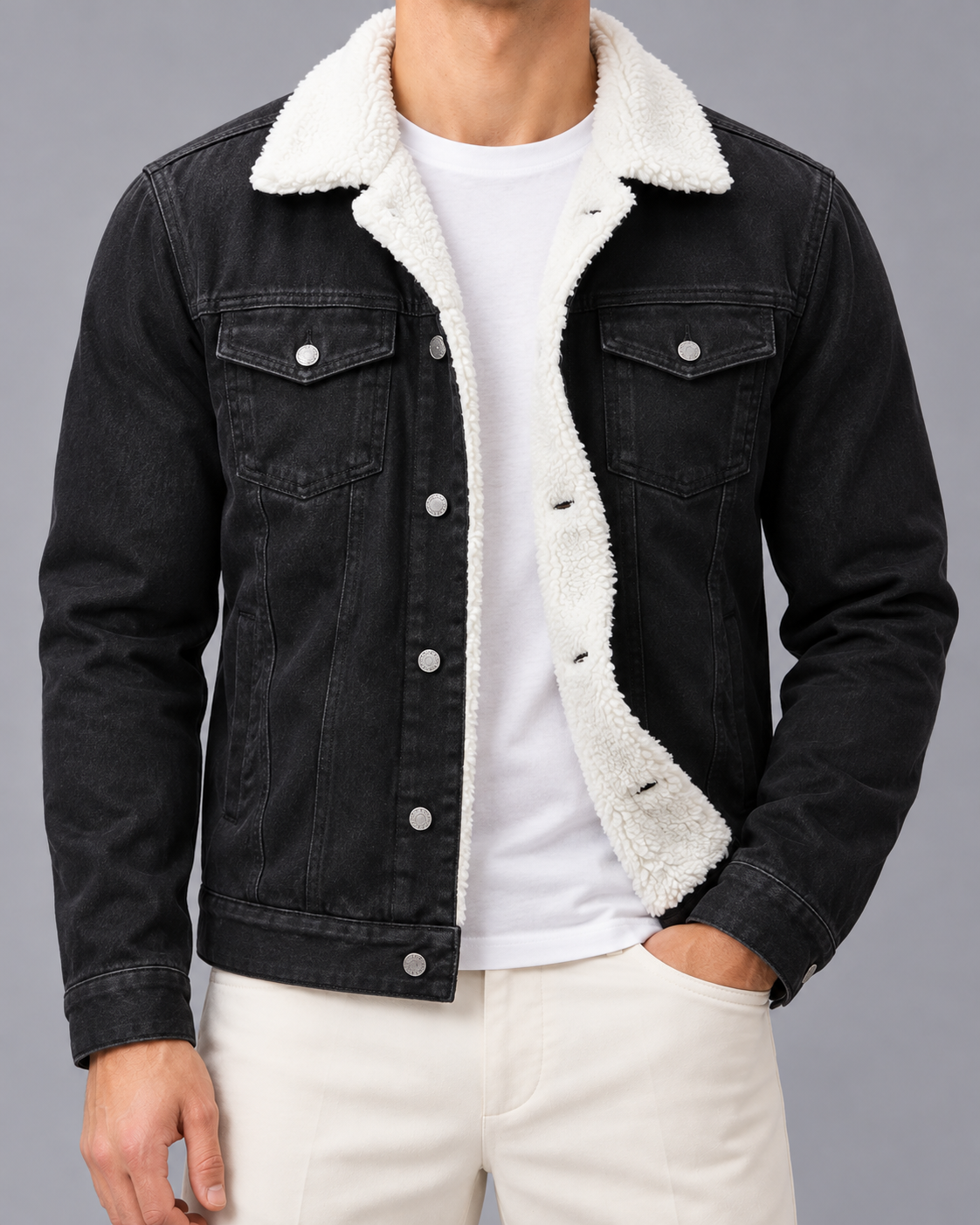 Men's Sherpa Denim Jacket with Wool Lining and Button Front
