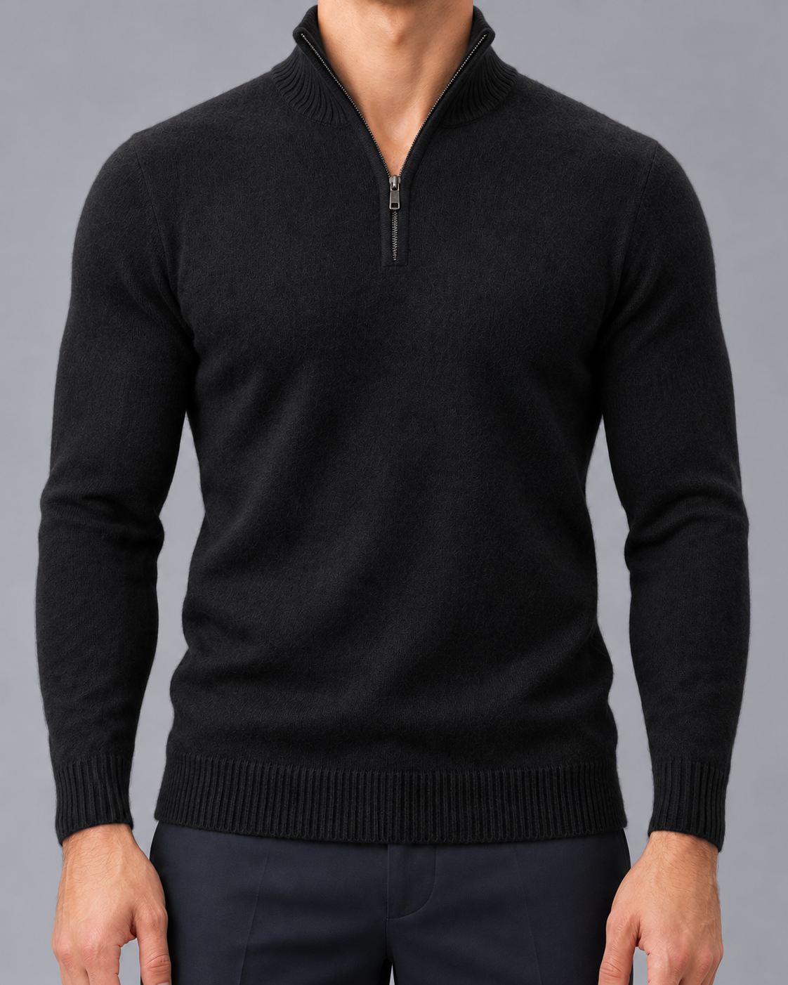 Men's Half Zip Jumper with Stand Collar and Ribbed Hem
