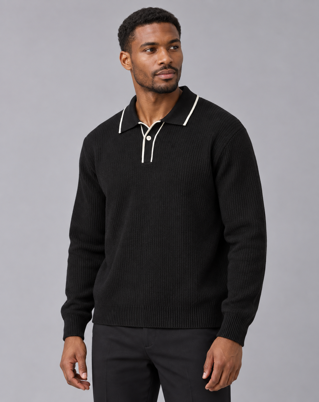 Men's Knitted Polo Long Sleeve in Linen Blend – Polo Jumper with Contrast-Tipped Collar