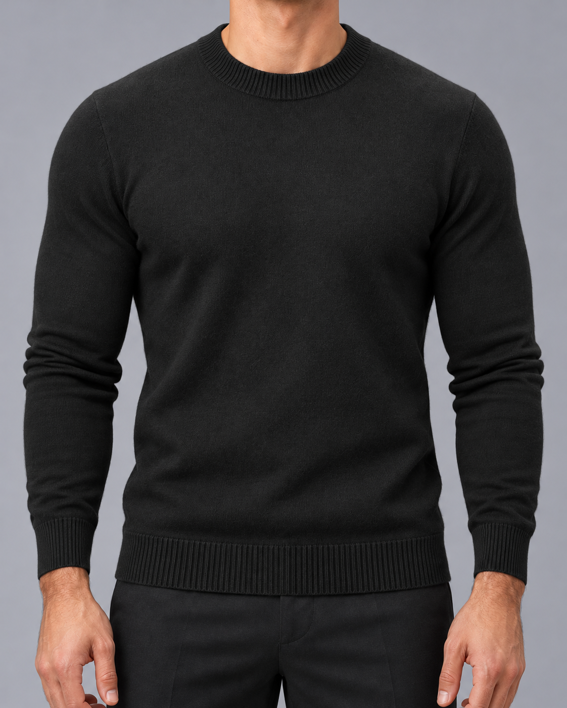 Men's Crew Neck Jumper with Ribbed Cuffs and Hem