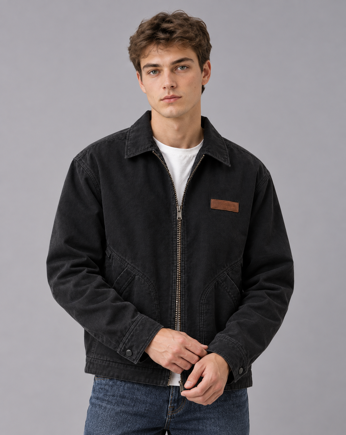 Men's Zip Workwear Jacket in Cotton Blend – Point Collar, Angled Front Pockets, Relaxed Fit