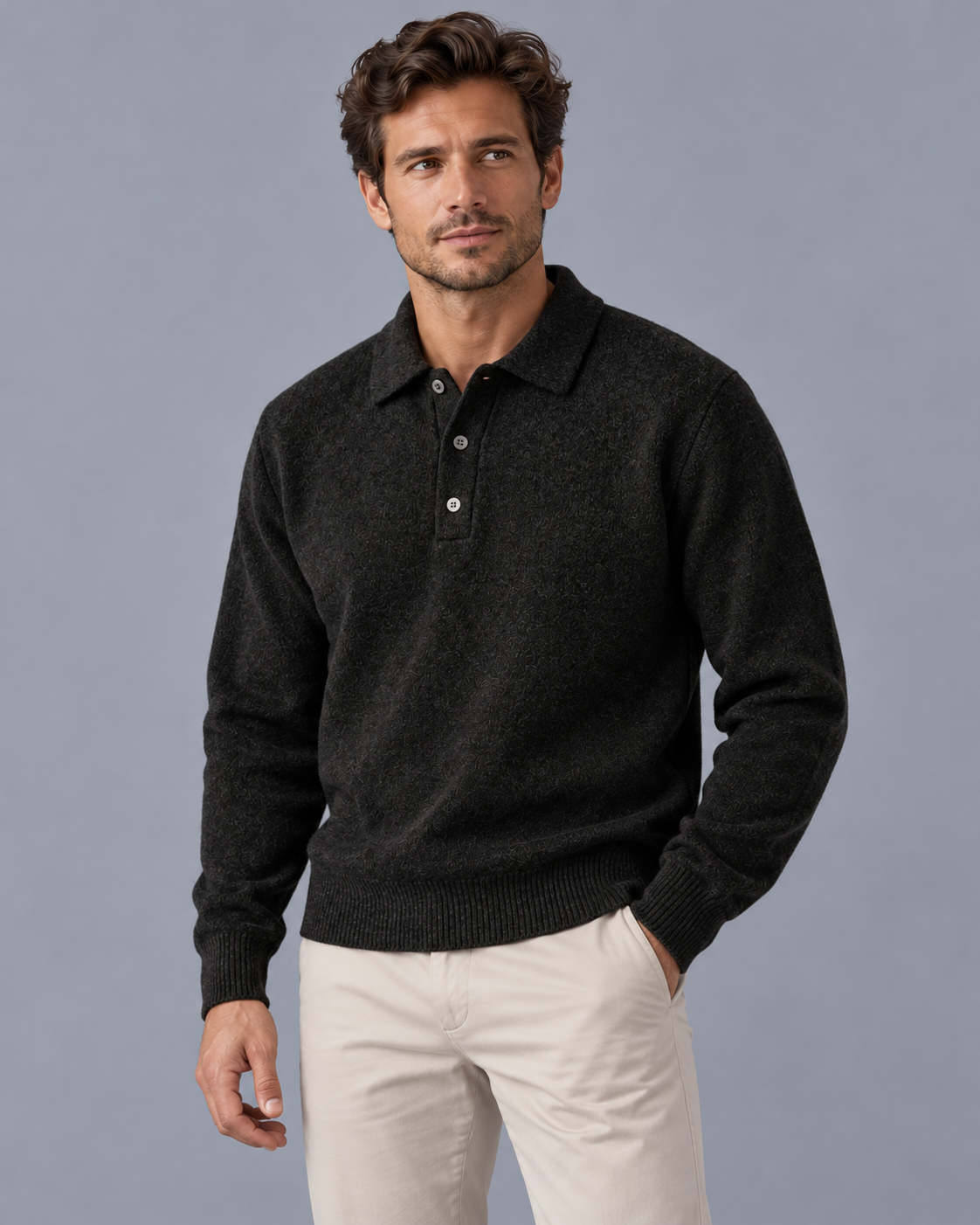 Men's Cashmere Blend Knitted Polo Jumper with Button Collar