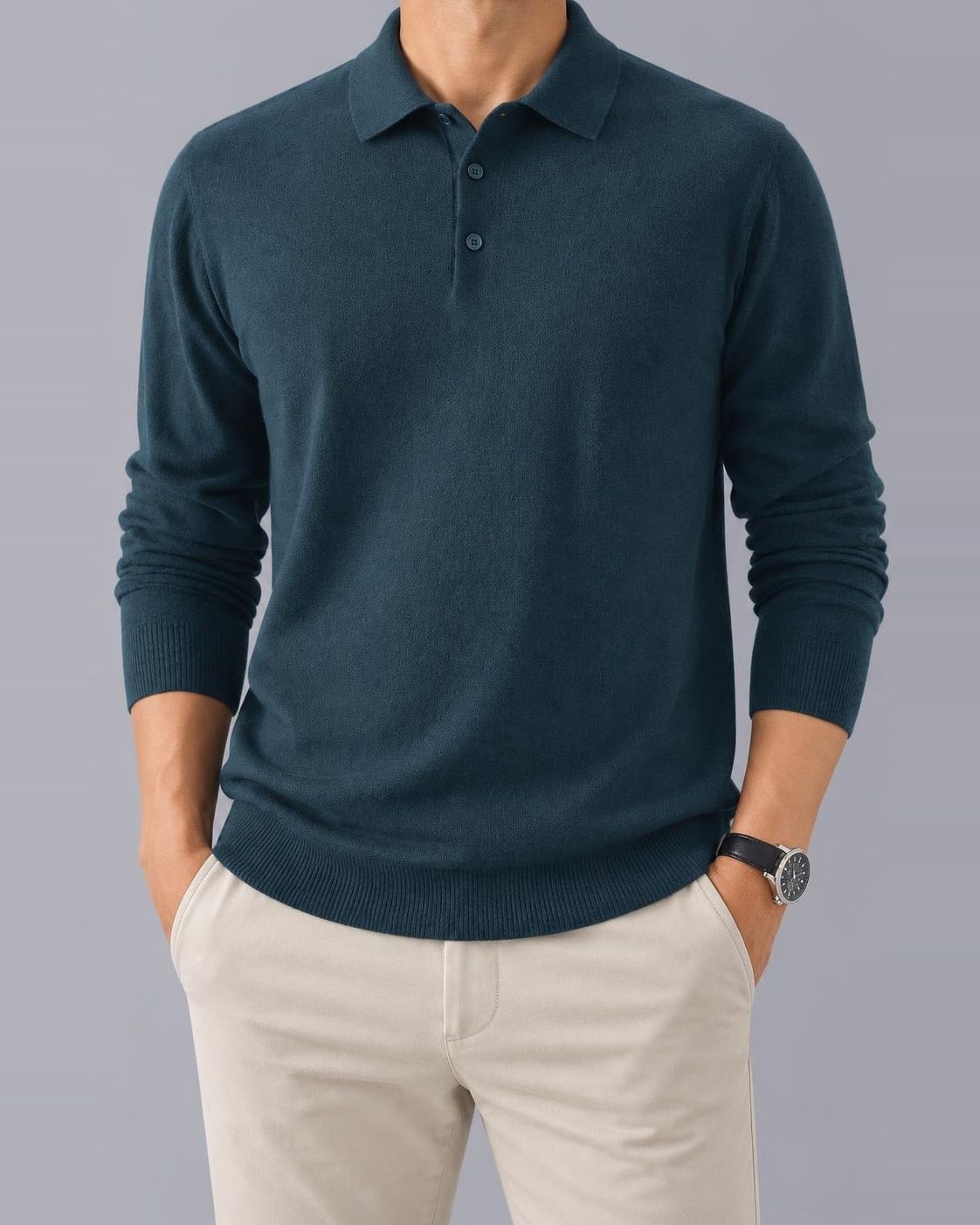 Men's Textured Knit Polo Jumper – Long Sleeve, Regular Fit – Blue