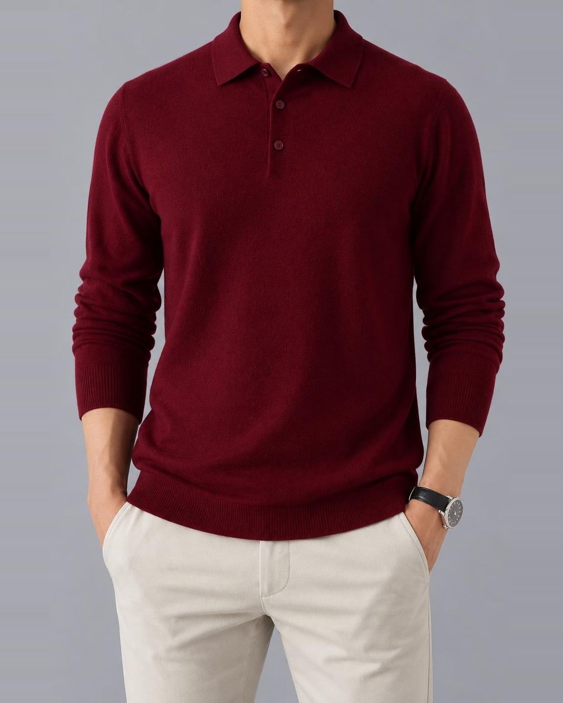 Men's Textured Knit Polo Jumper – Long Sleeve, Regular Fit – Red