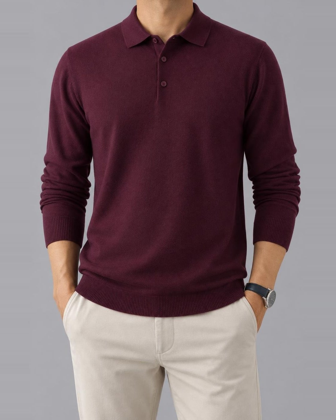 Men's Textured Knit Polo Jumper – Long Sleeve, Regular Fit – Purple