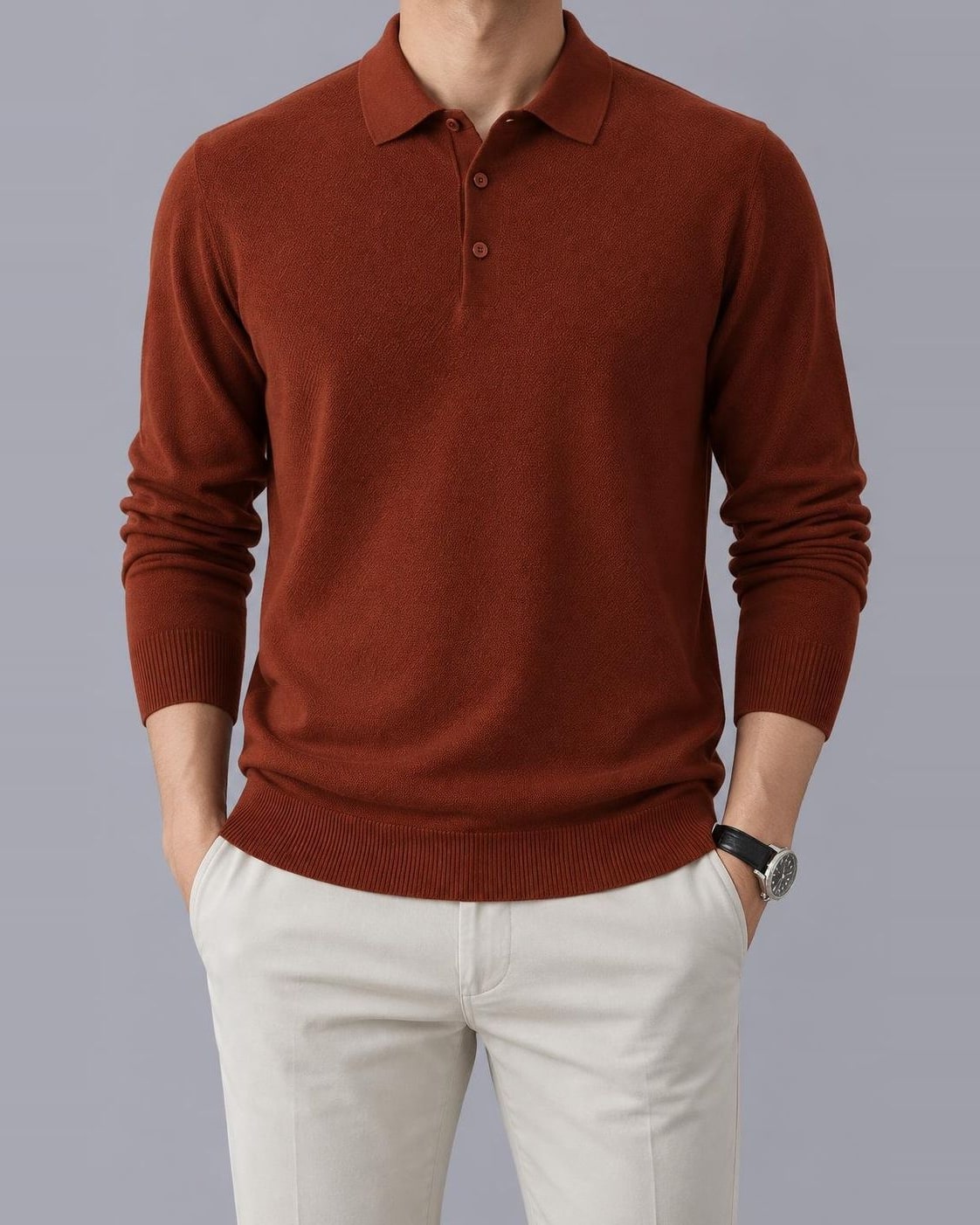 Men's Textured Knit Polo Jumper – Long Sleeve, Regular Fit – Orange