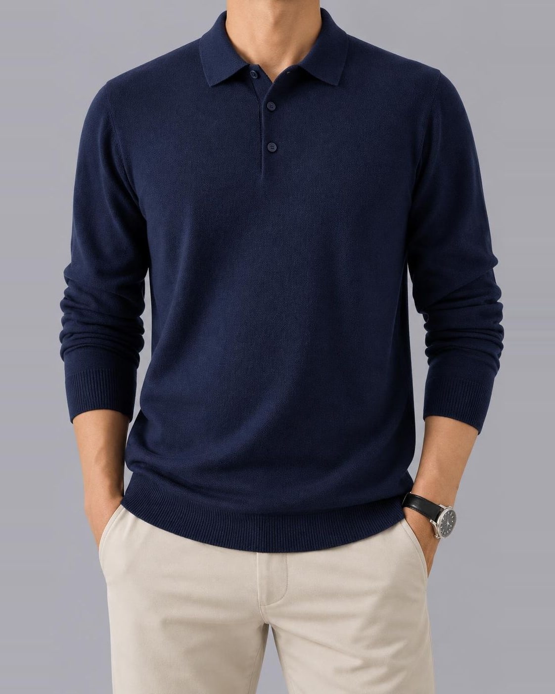 Men's Knitted Polo Jumper – Textured Long Sleeve, Regular Fit – Navy