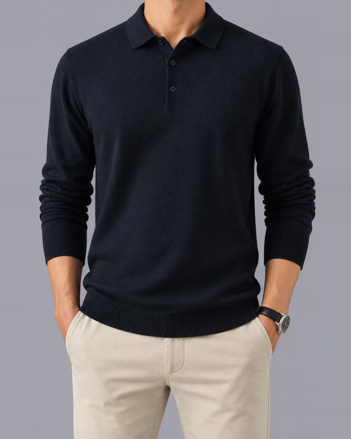 Men's Knitted Polo Jumper – Textured Long Sleeve, Regular Fit – Dark Navy
