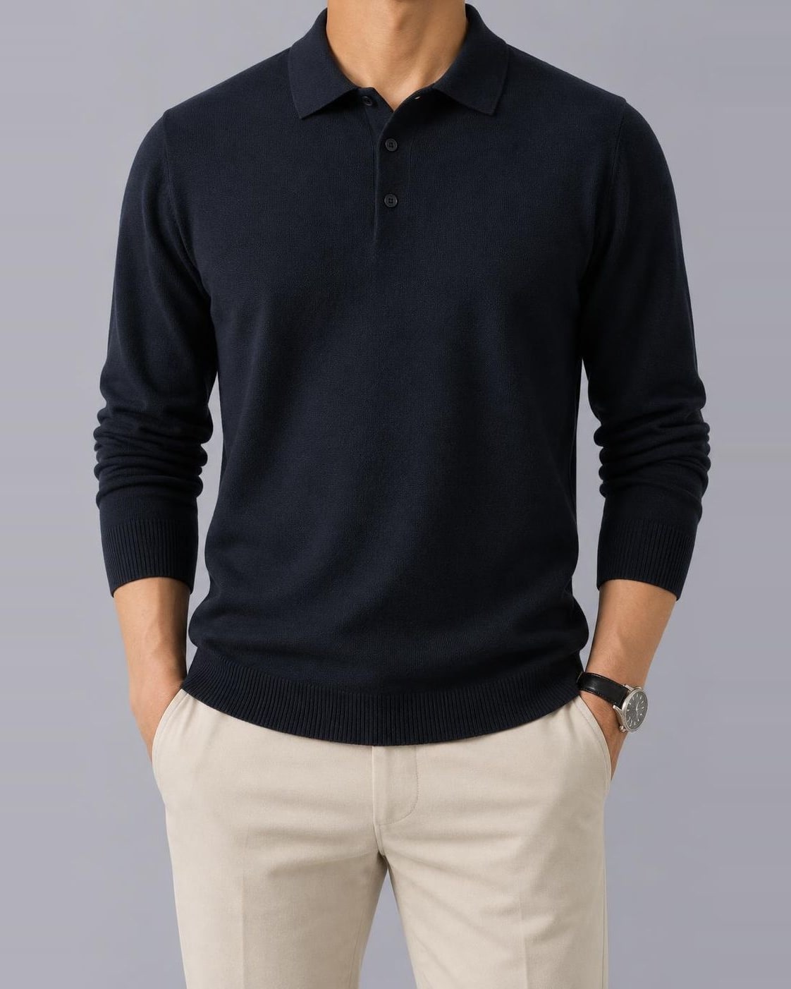 Men's Knitted Polo Jumper – Textured Long Sleeve, Regular Fit – Dark Navy
