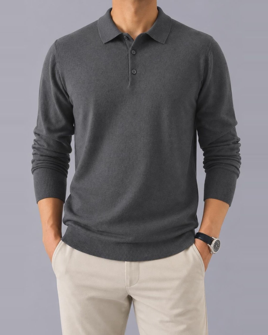 Men's Knitted Polo Jumper – Textured Long Sleeve, Regular Fit – Gray