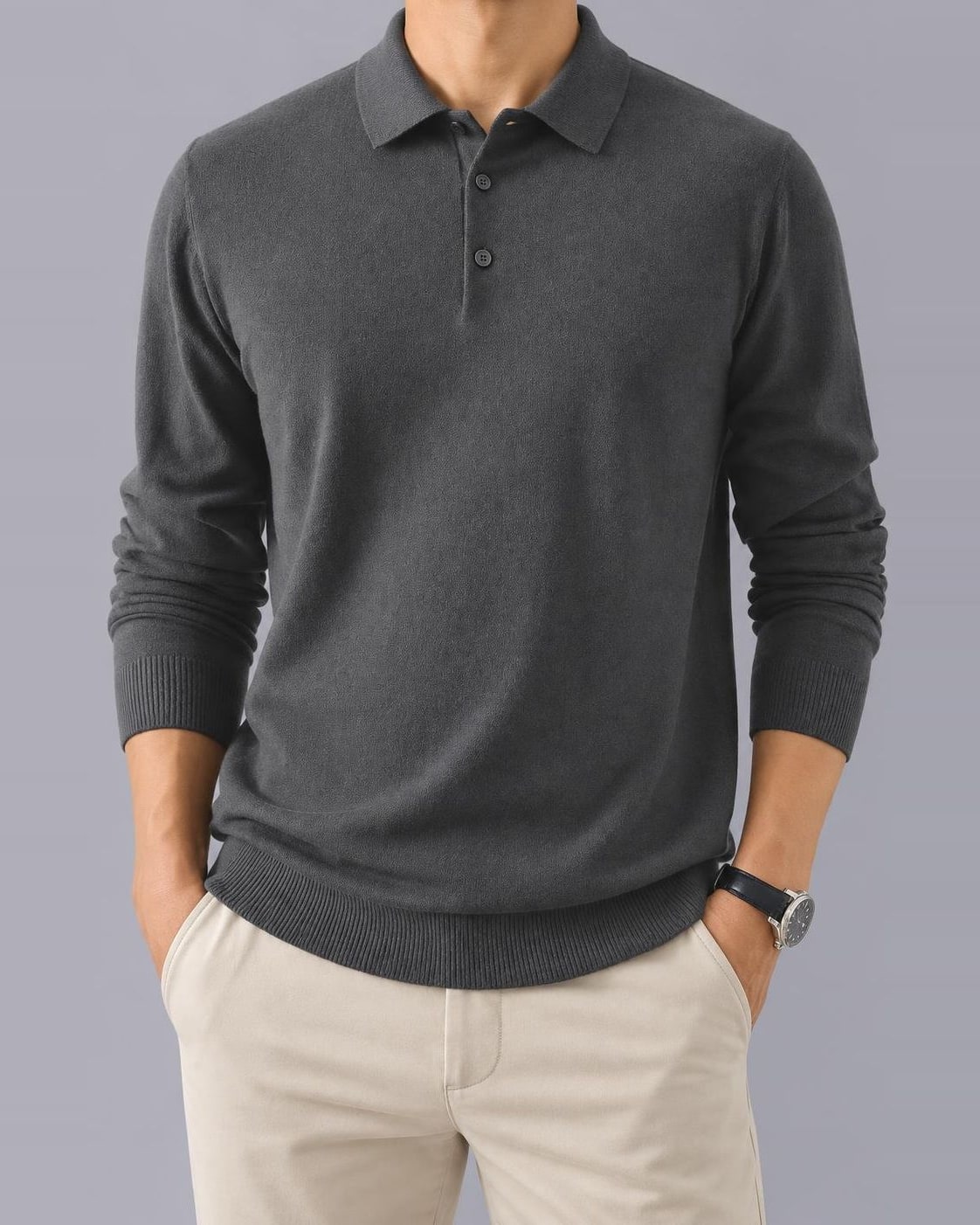 Men's Knitted Polo Jumper – Textured Long Sleeve, Regular Fit – Gray