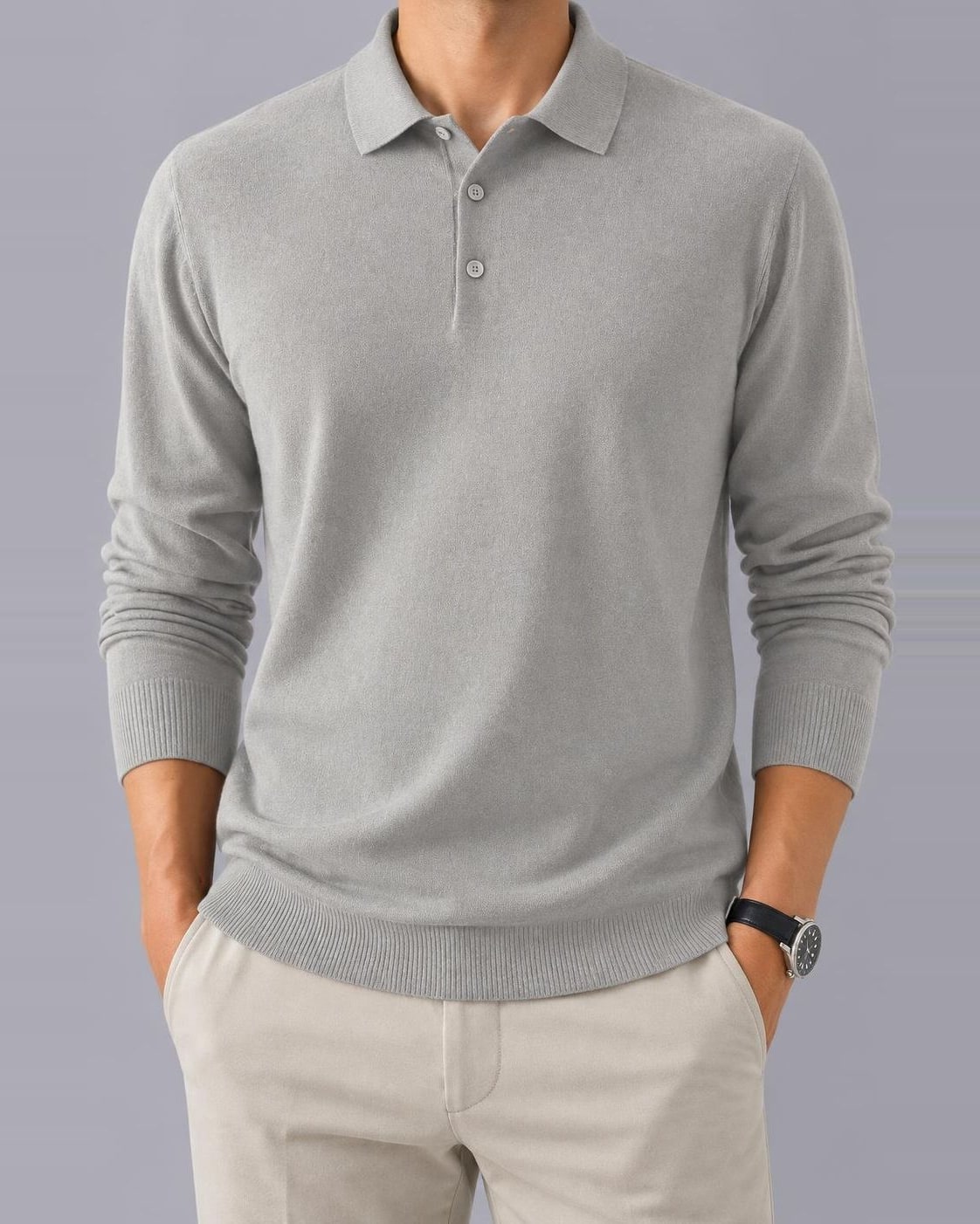 Men's Knitted Polo Jumper – Textured Long Sleeve, Regular Fit – Light Gray