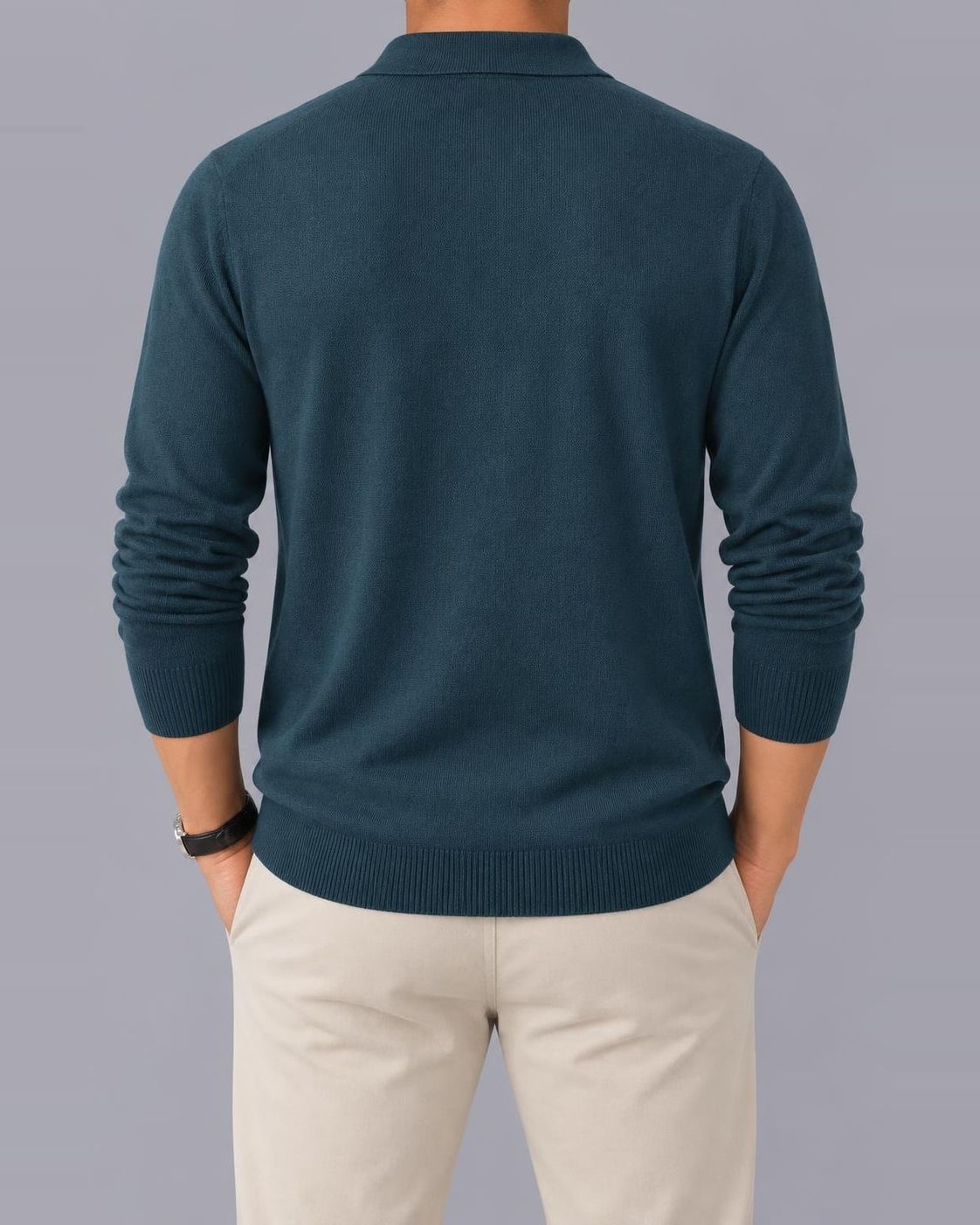 Men's Knitted Polo Jumper – Textured Long Sleeve, Regular Fit – Blue – back