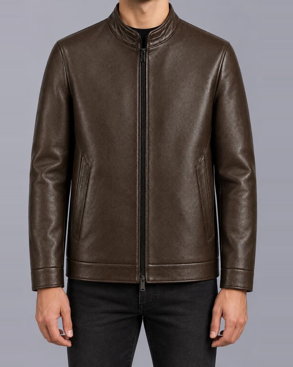 Men's Faux Leather Jacket – Stand Collar, Regular Fit – Brown