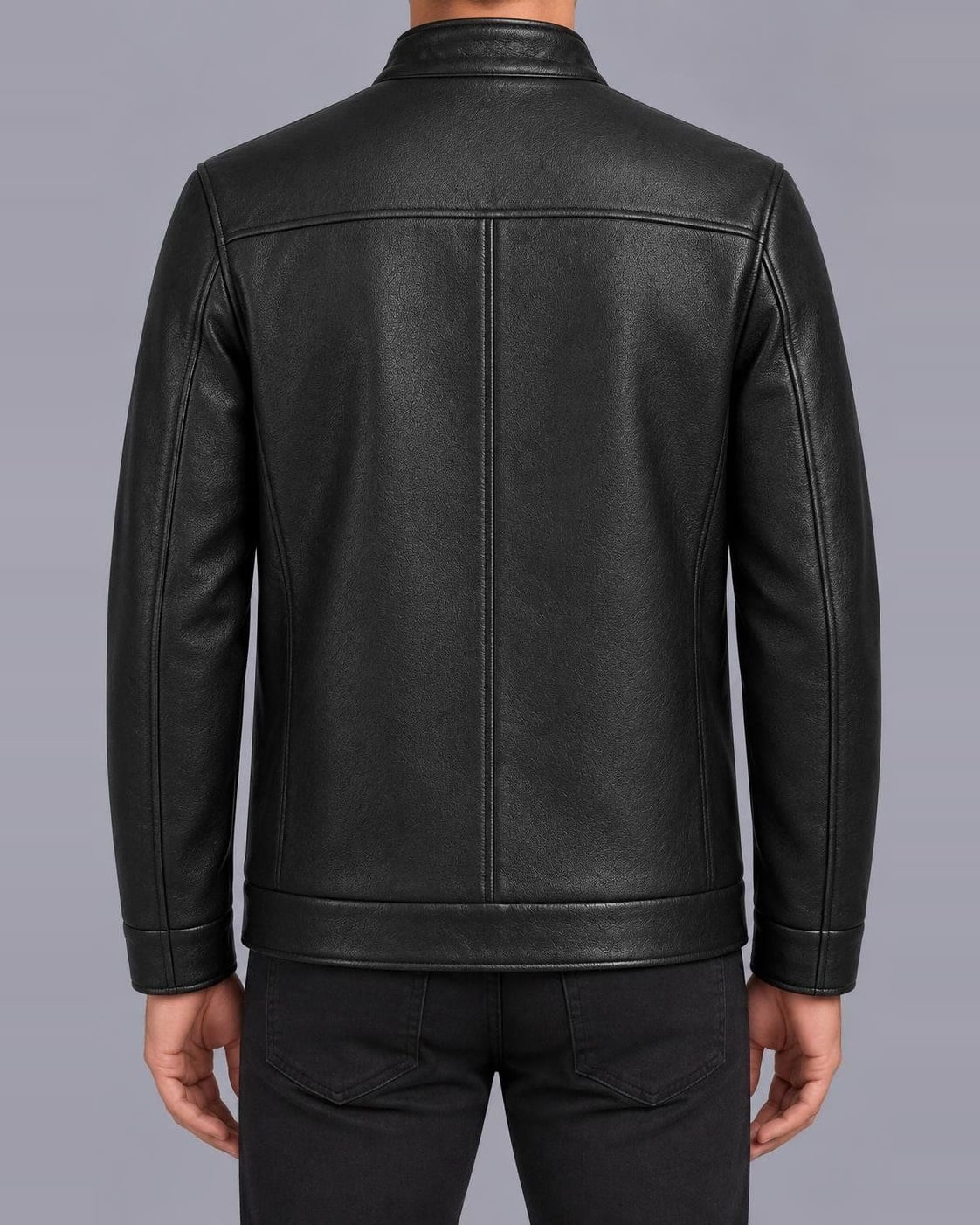 Men's Faux Leather Jacket – Stand Collar, Regular Fit – Black – back