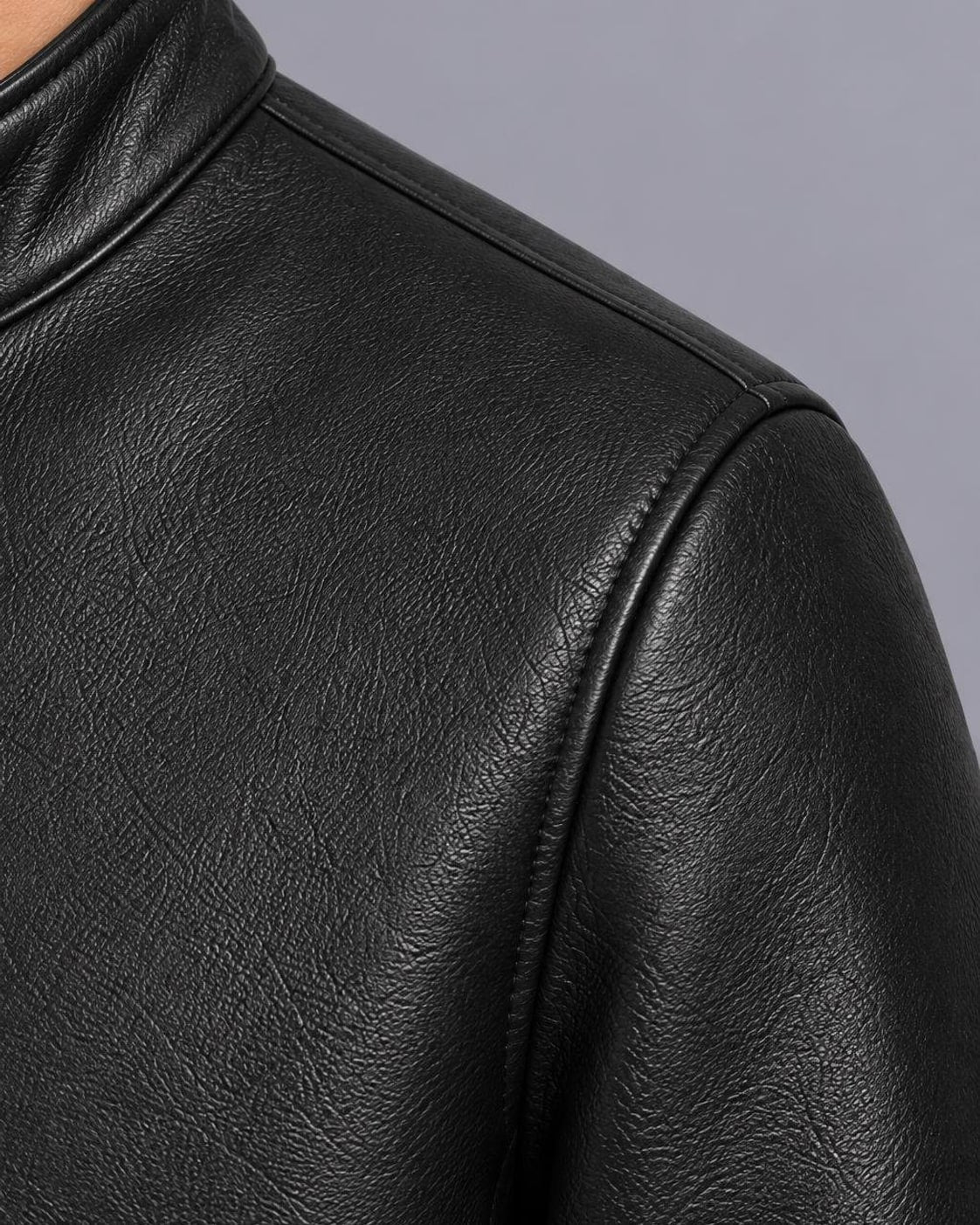 Men's Faux Leather Jacket – Stand Collar, Regular Fit – Black – shoulder detail