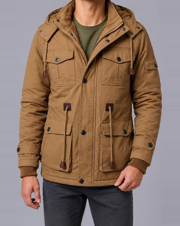 Men's Hooded Winter Parka – Fleece-Lined Hood, Multi-Pocket – Brown