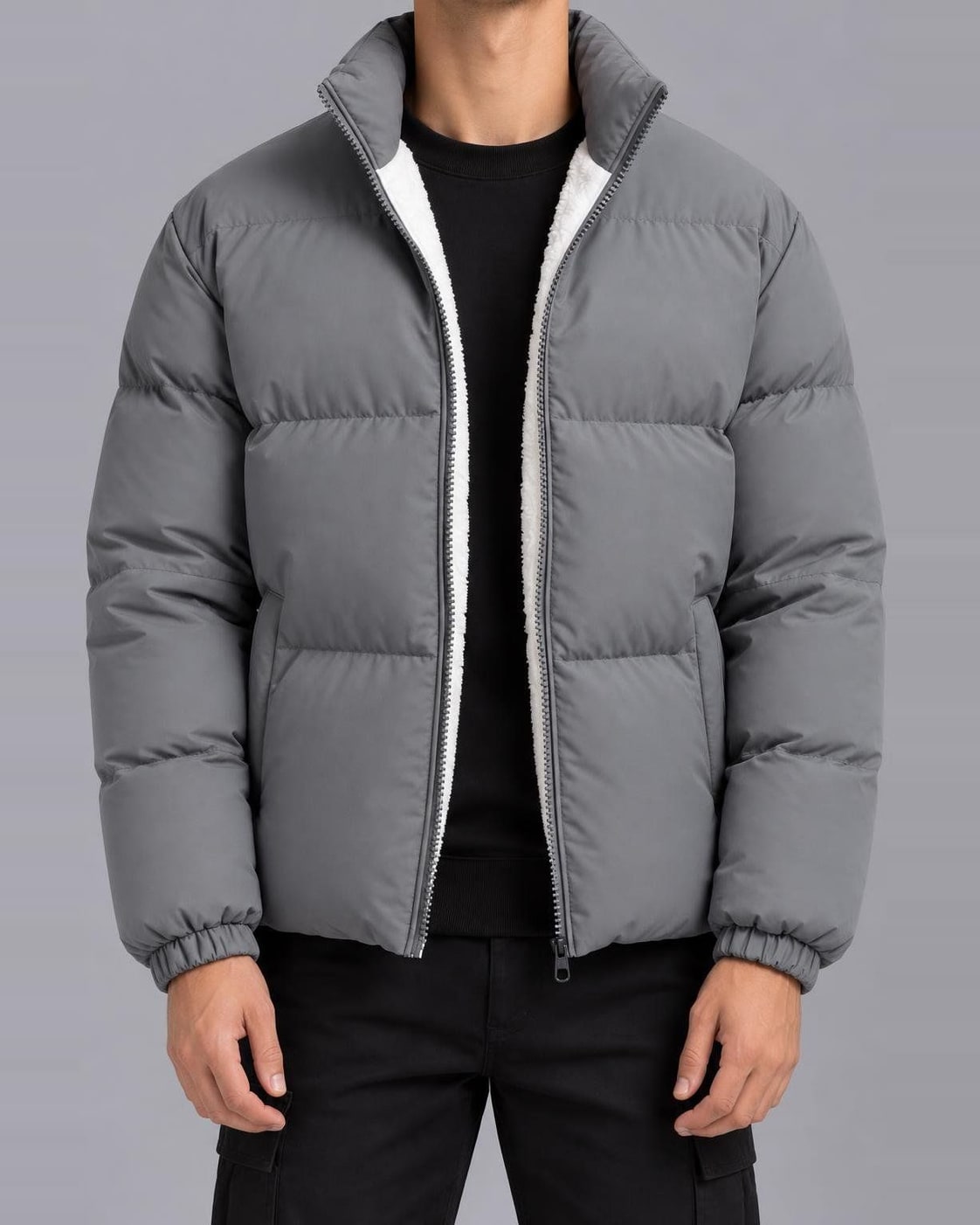 Men's Fleece-Lined Puffer Jacket – Funnel Neck, Full Zip – Grey