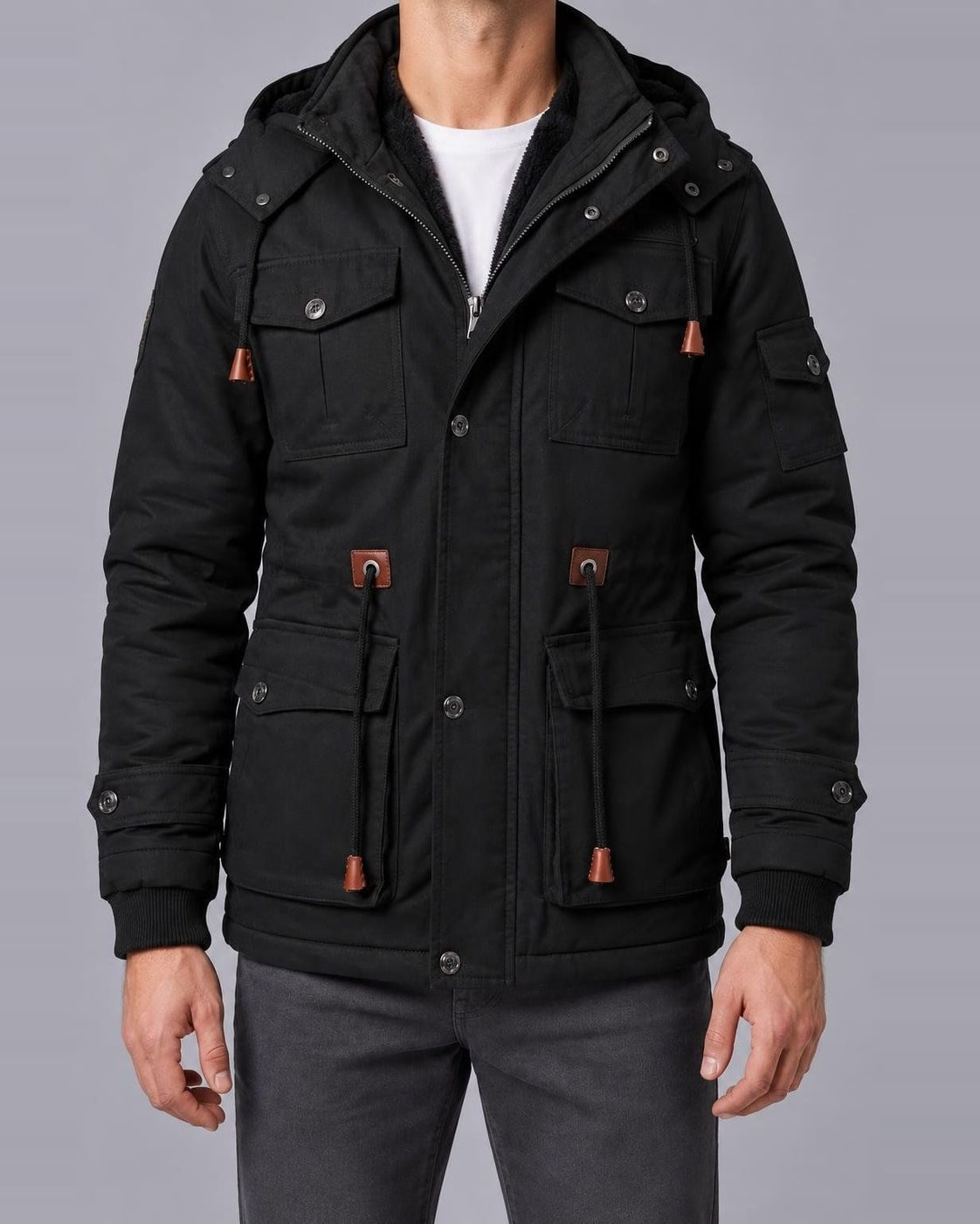Men's Hooded Winter Parka – Fleece-Lined Hood, Multi-Pocket – Black