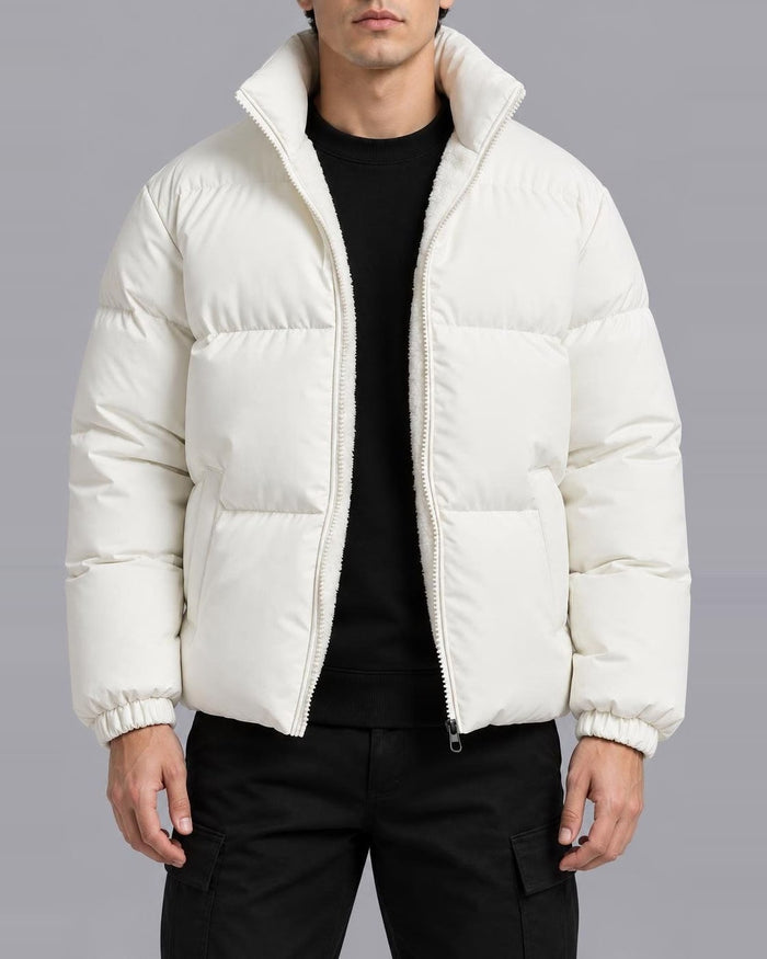 Men's Fleece-Lined Puffer Jacket – Funnel Neck, Full Zip – White