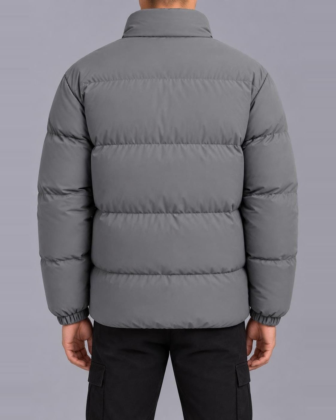 Men's Fleece-Lined Puffer Jacket – Funnel Neck, Full Zip – Grey – back