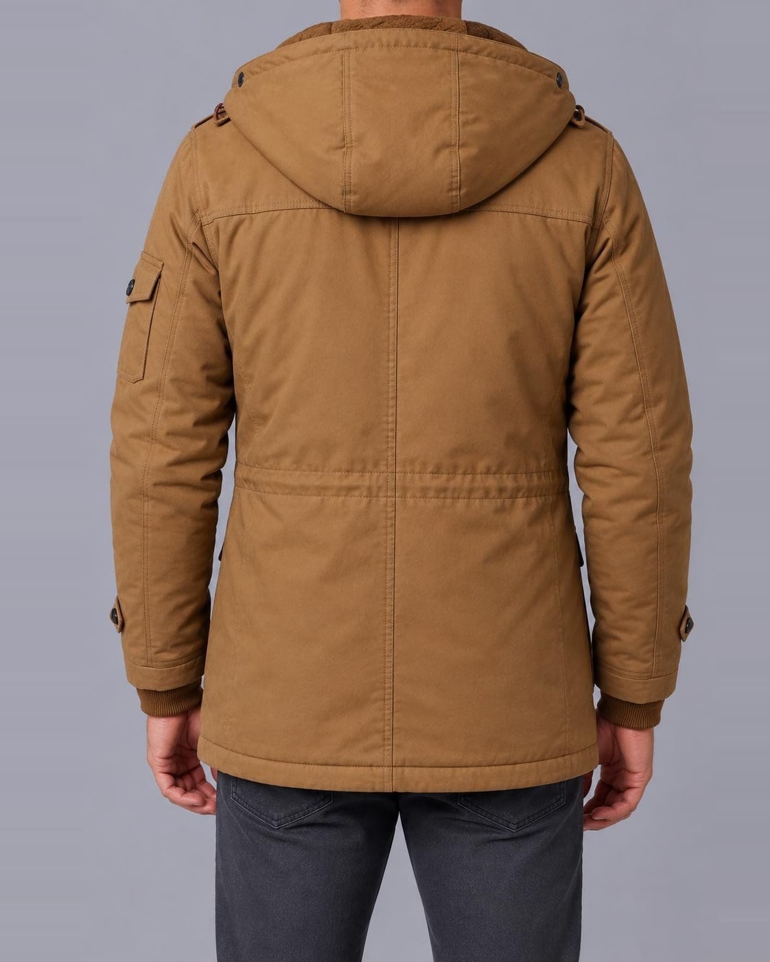 Men's Hooded Winter Parka – Fleece-Lined Hood, Multi-Pocket – Brown – back