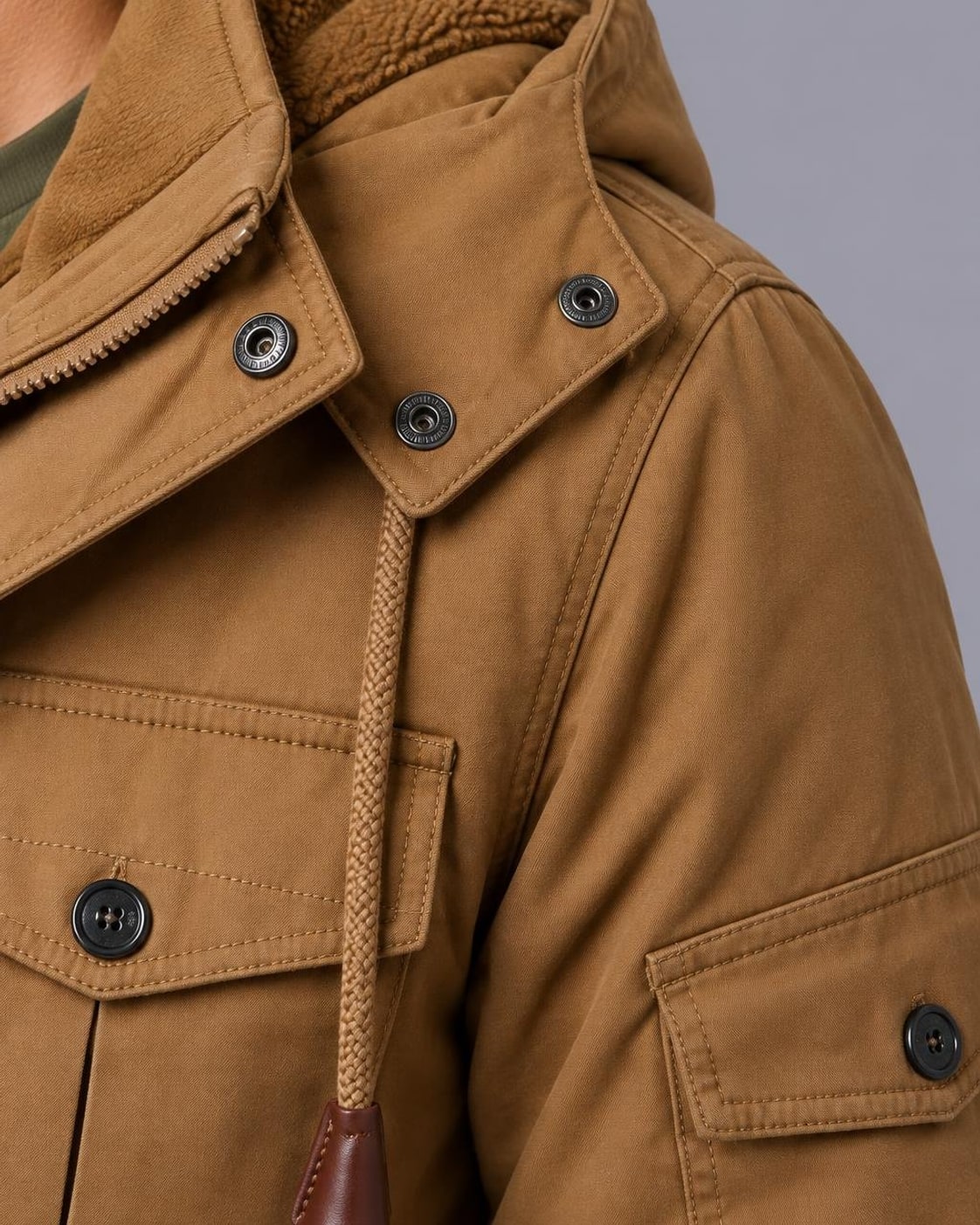 Men's Hooded Winter Parka – Fleece-Lined Hood, Multi-Pocket – Brown – shoulder detail