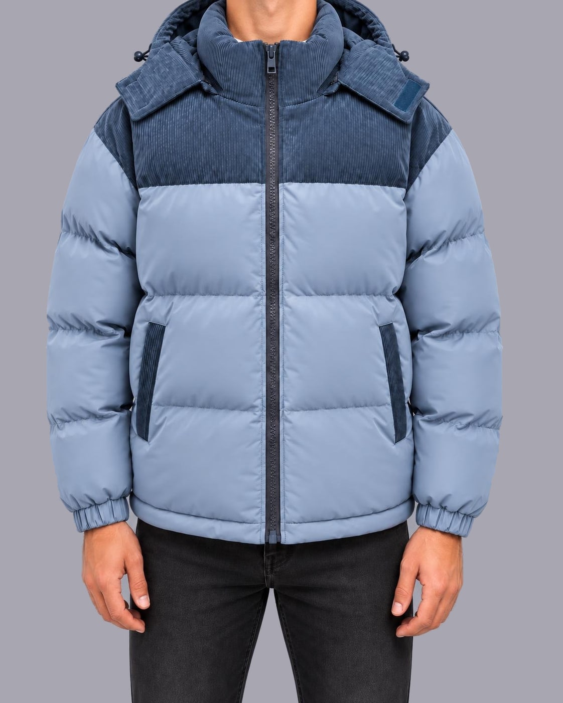 Men's Hooded Puffer Jacket – Corduroy Panel, Regular Fit – Blue
