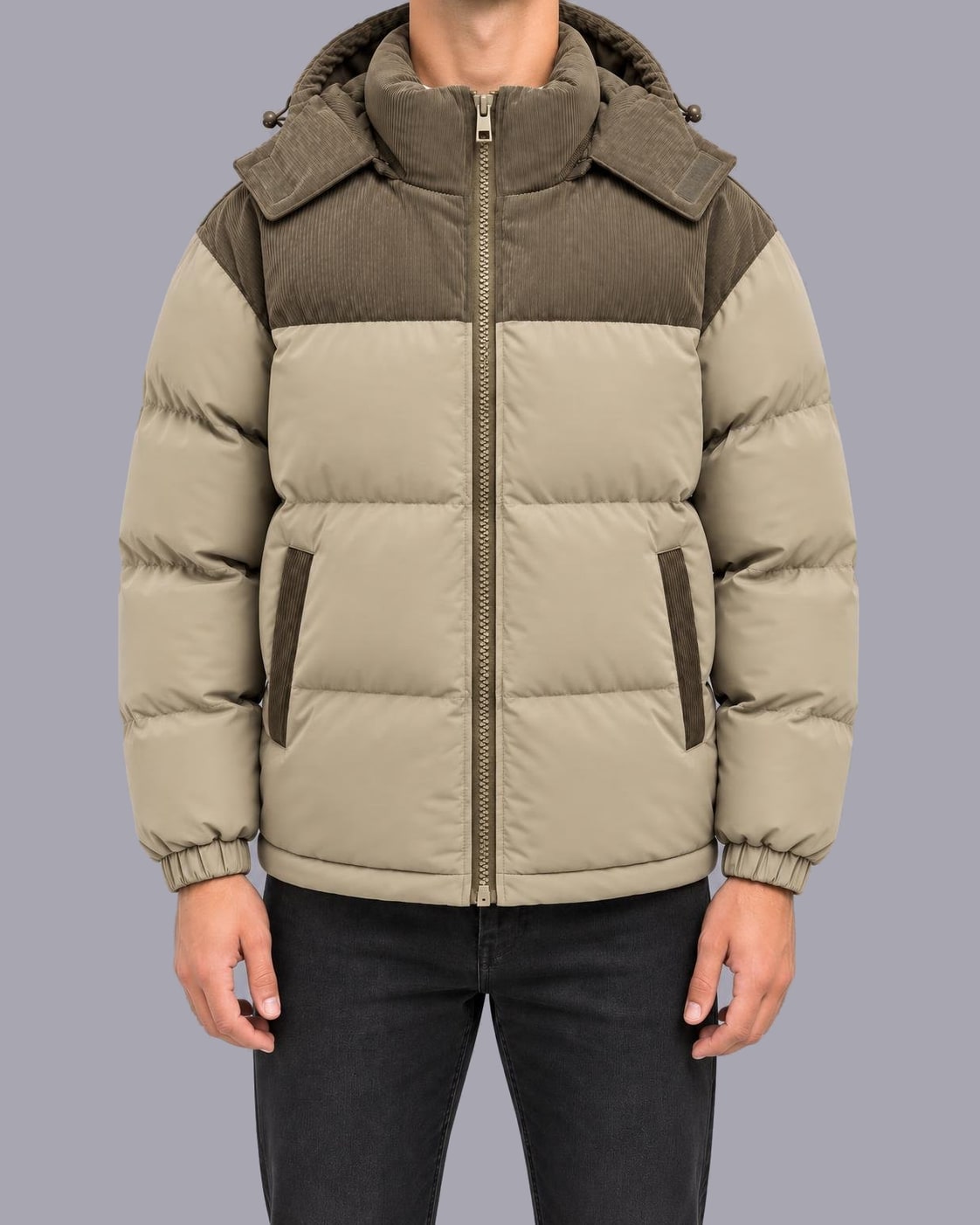 Men's Hooded Puffer Jacket – Corduroy Panel, Regular Fit – Khaki