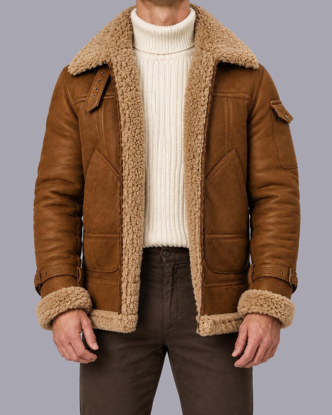 Men's Faux Leather Aviator Jacket – Faux Shearling Collar – Brown