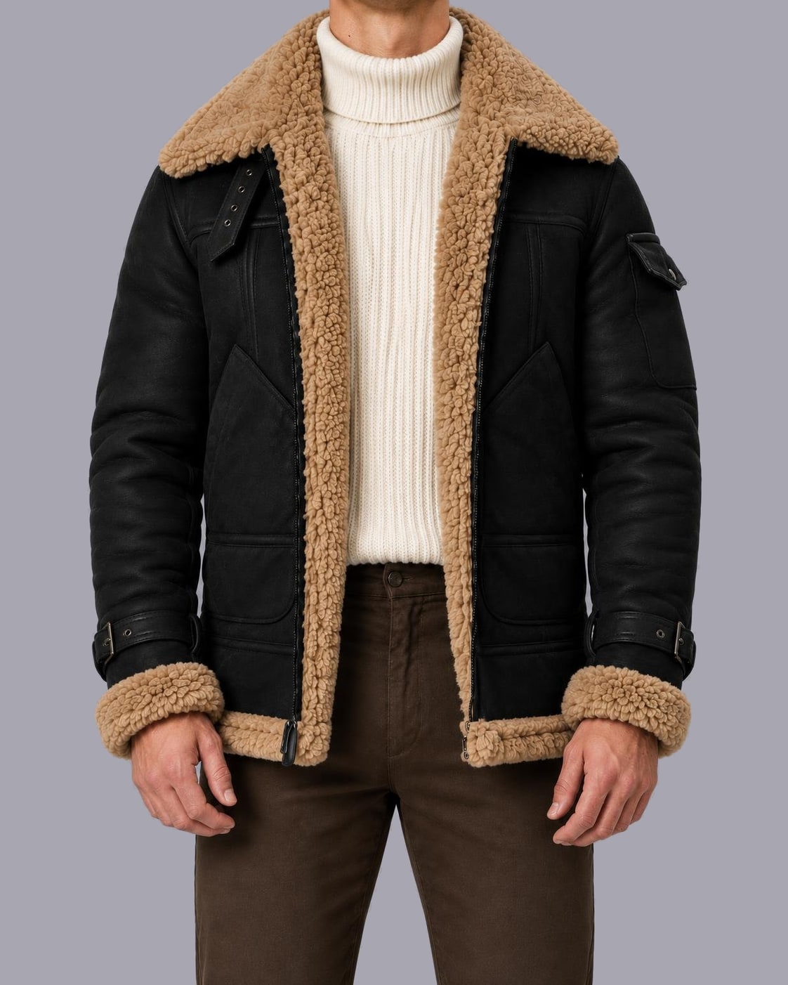 Men's Faux Leather Aviator Jacket – Faux Shearling Collar – Black