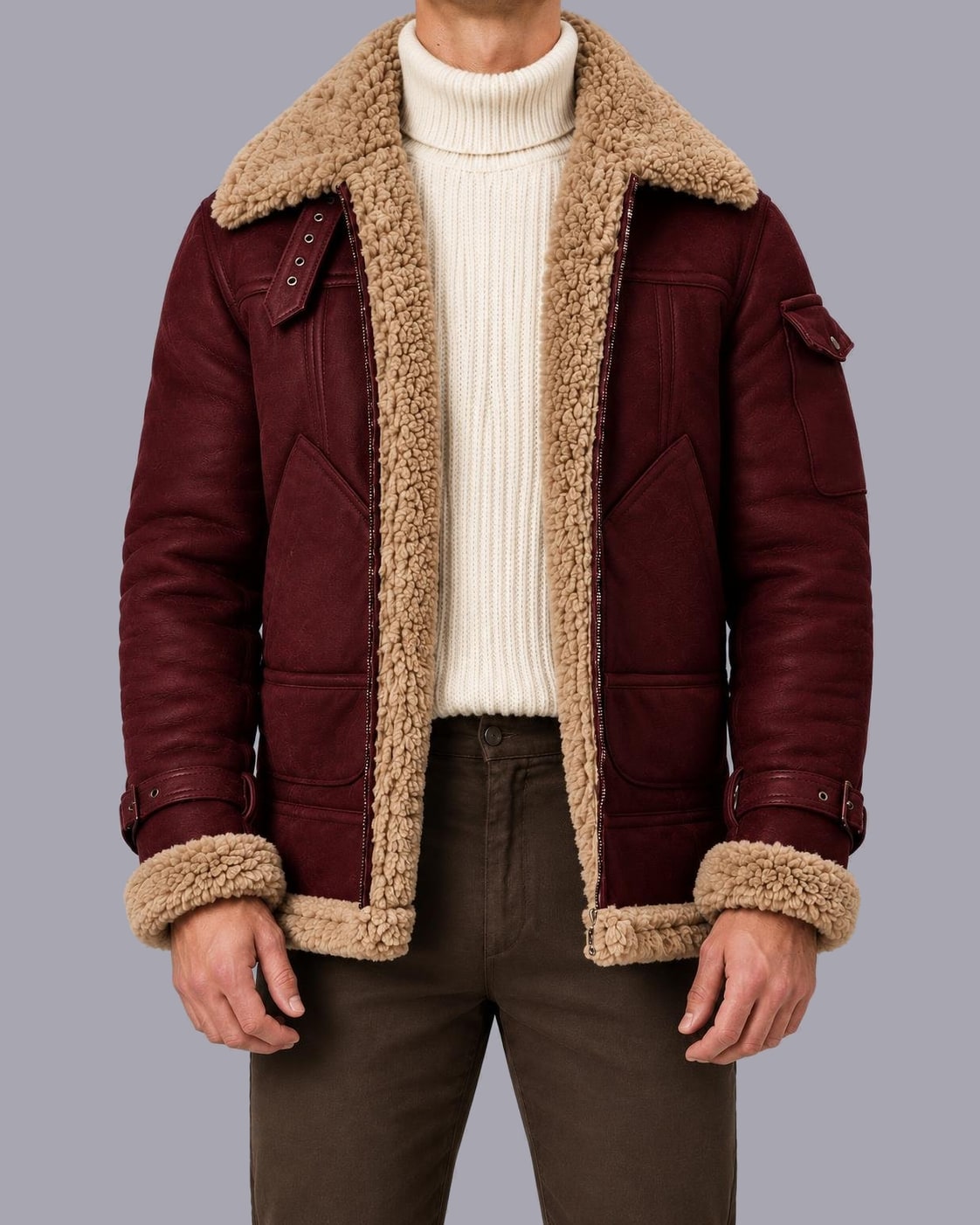 Men's Faux Leather Aviator Jacket – Faux Shearling Collar – Burgundy