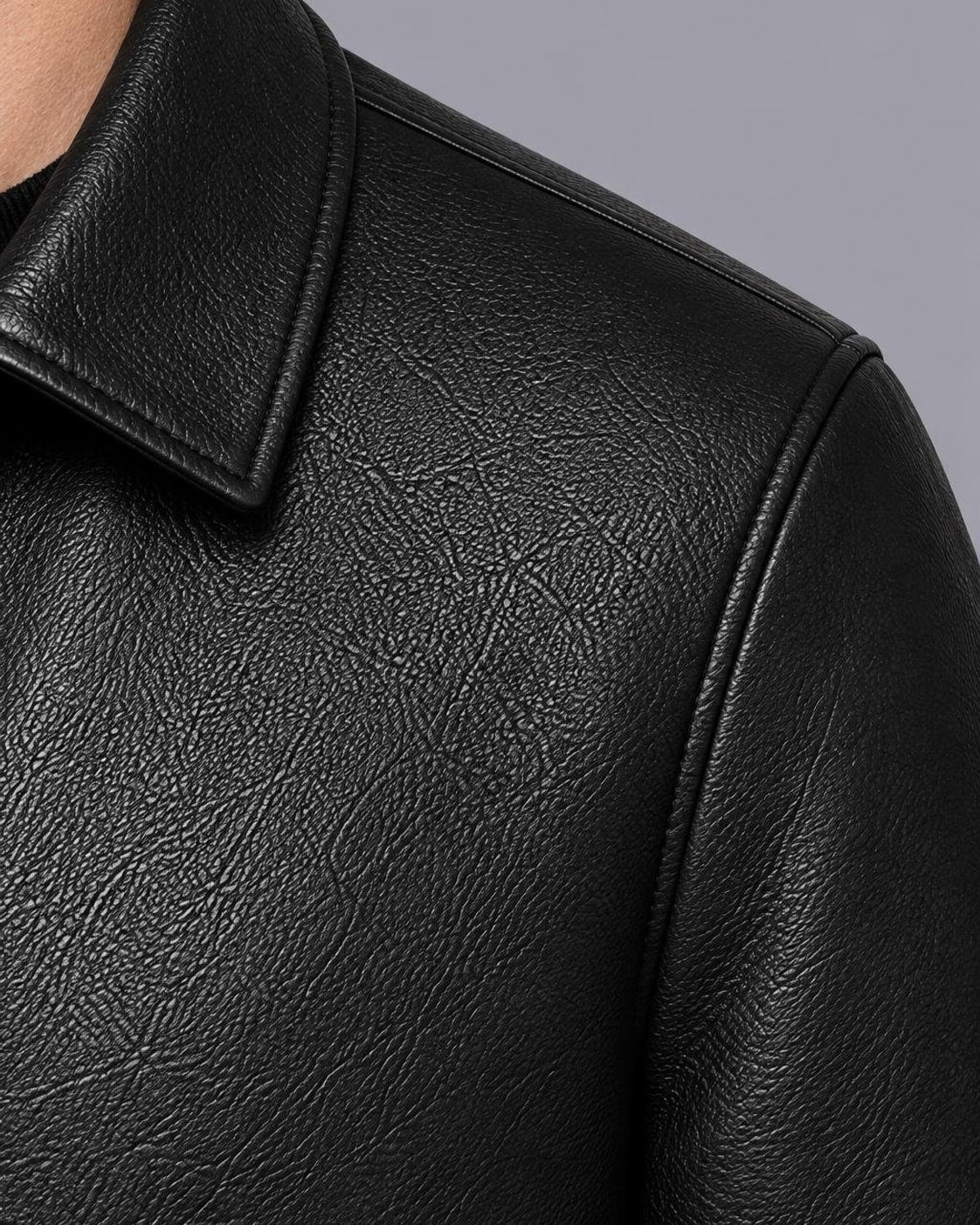 Men's Faux Leather Zip Jacket – Classic Collar, Regular Fit – Black – shoulder detail