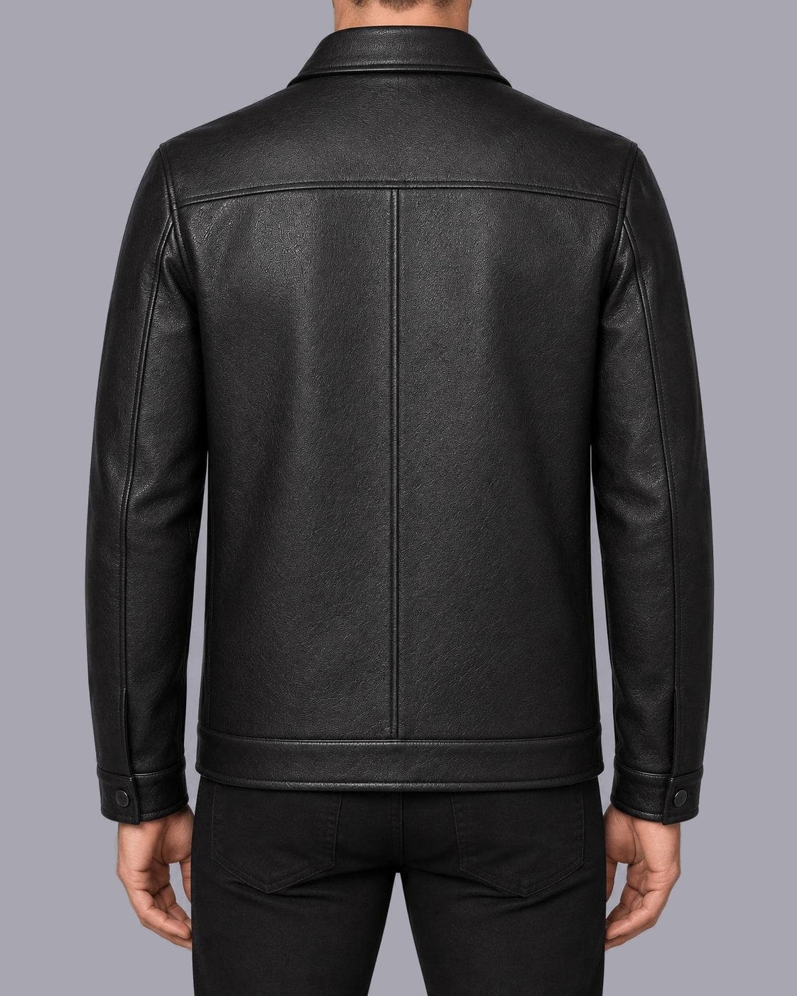 Men's Faux Leather Zip Jacket – Classic Collar, Regular Fit – Black – back