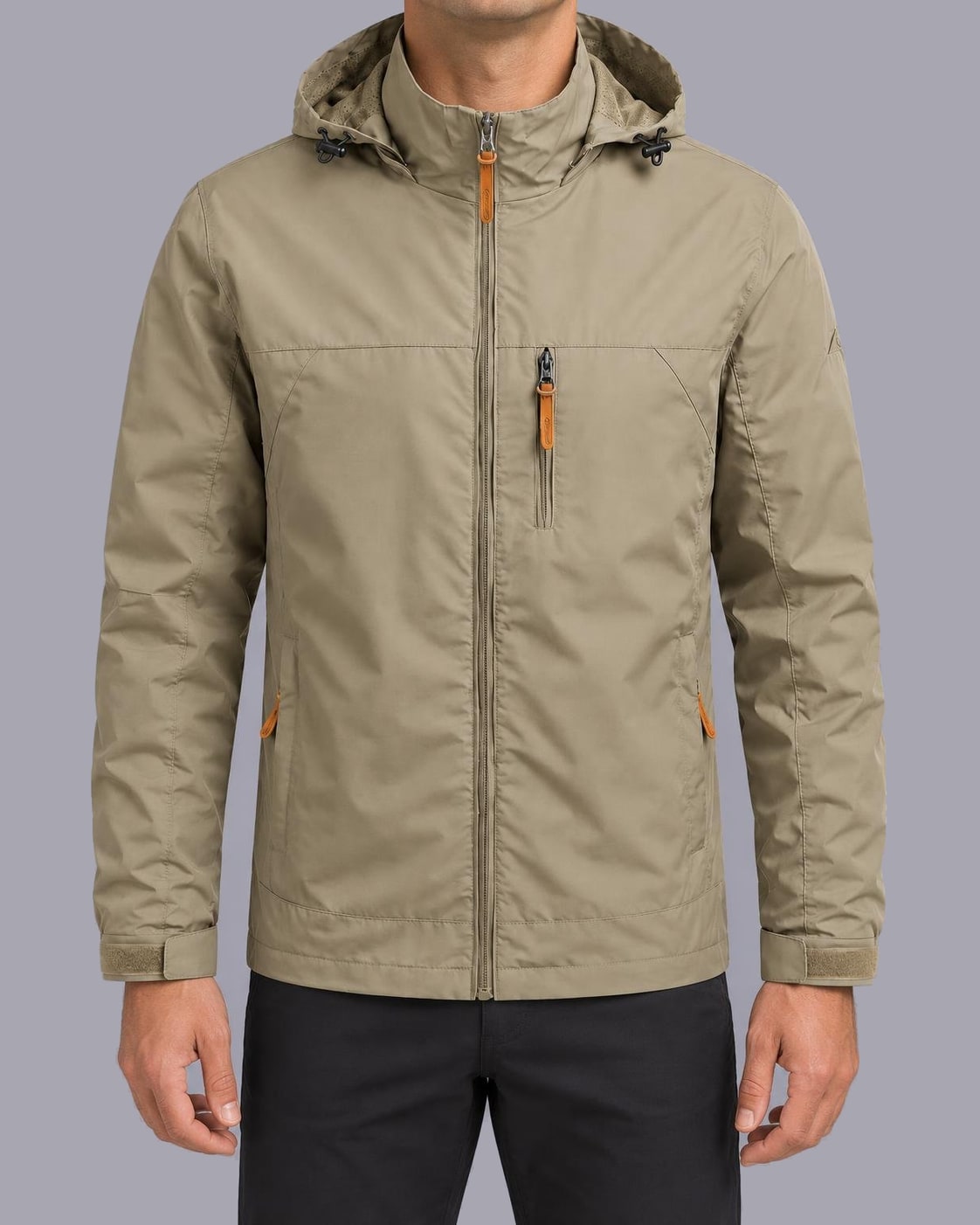 Men's Lightweight Hooded Windbreaker – Full Zip, Regular Fit – Beige