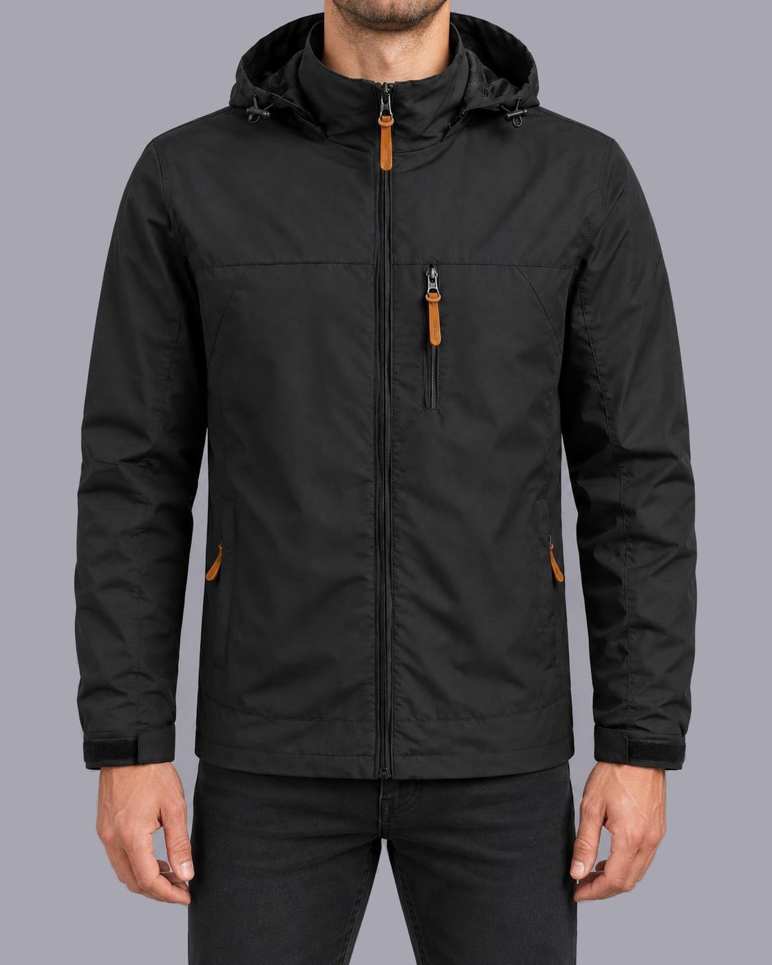 Men's Lightweight Hooded Windbreaker – Full Zip, Regular Fit – Black