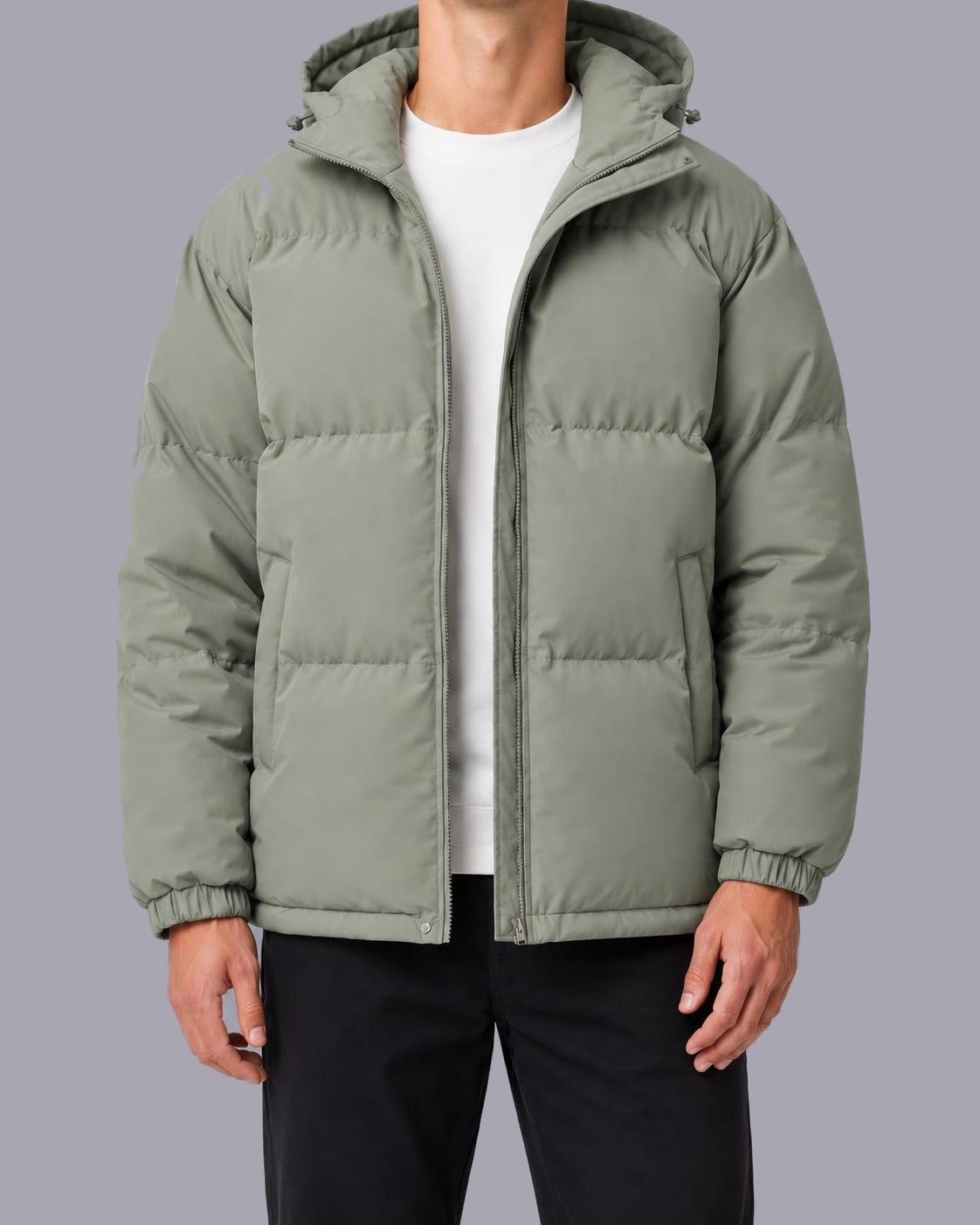 Men's Quilted Puffer Jacket – High Neck, Drawstring Hood – Sage Green