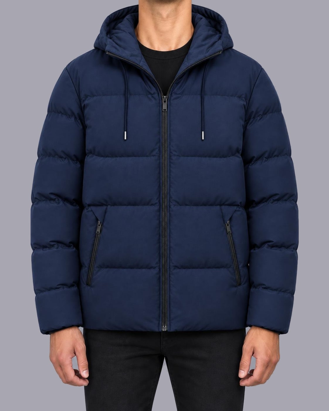 Men's Quilted Puffer Jacket – Hooded, Zip Pockets – Navy