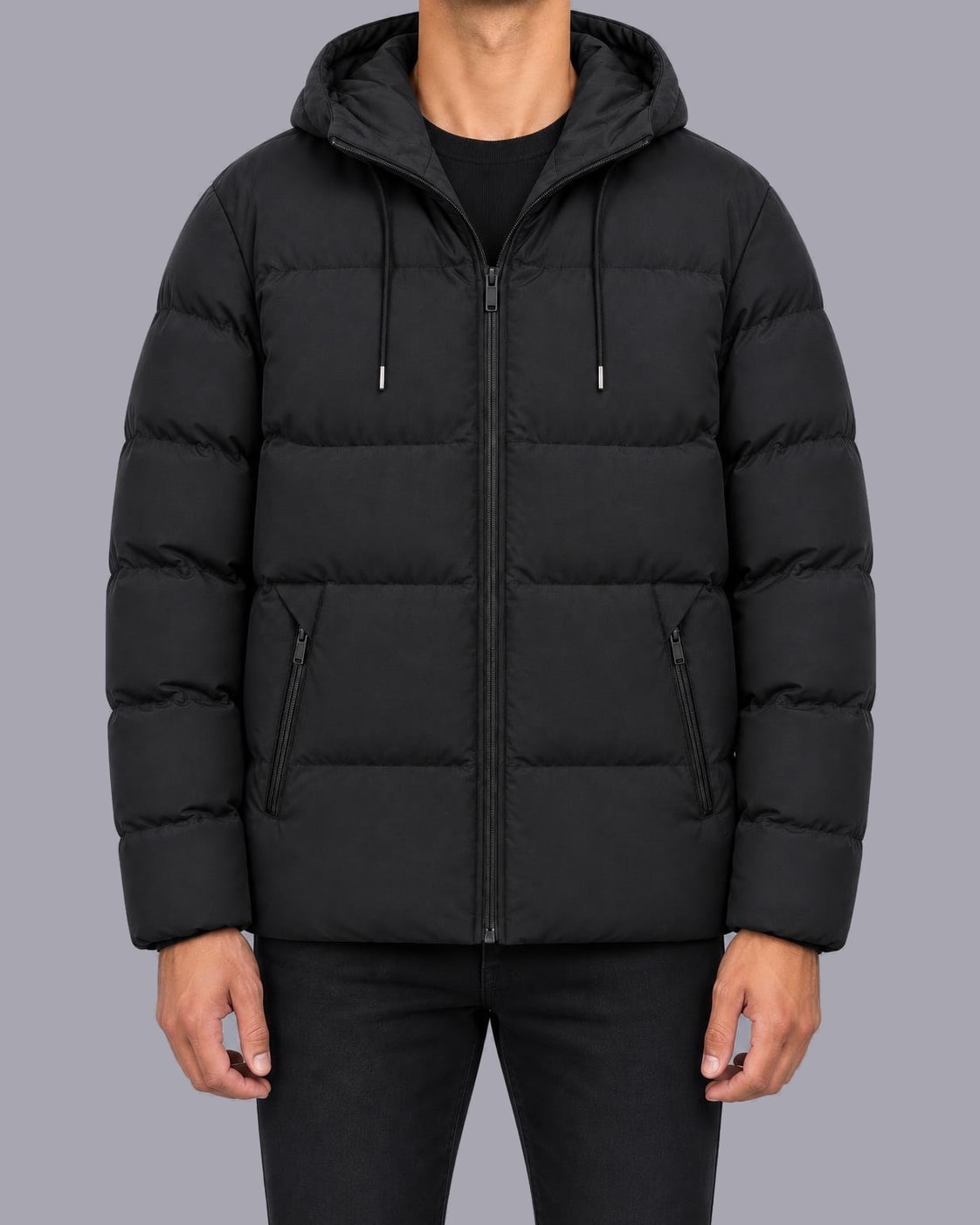 Men's Quilted Puffer Jacket – Hooded, Zip Pockets – Black